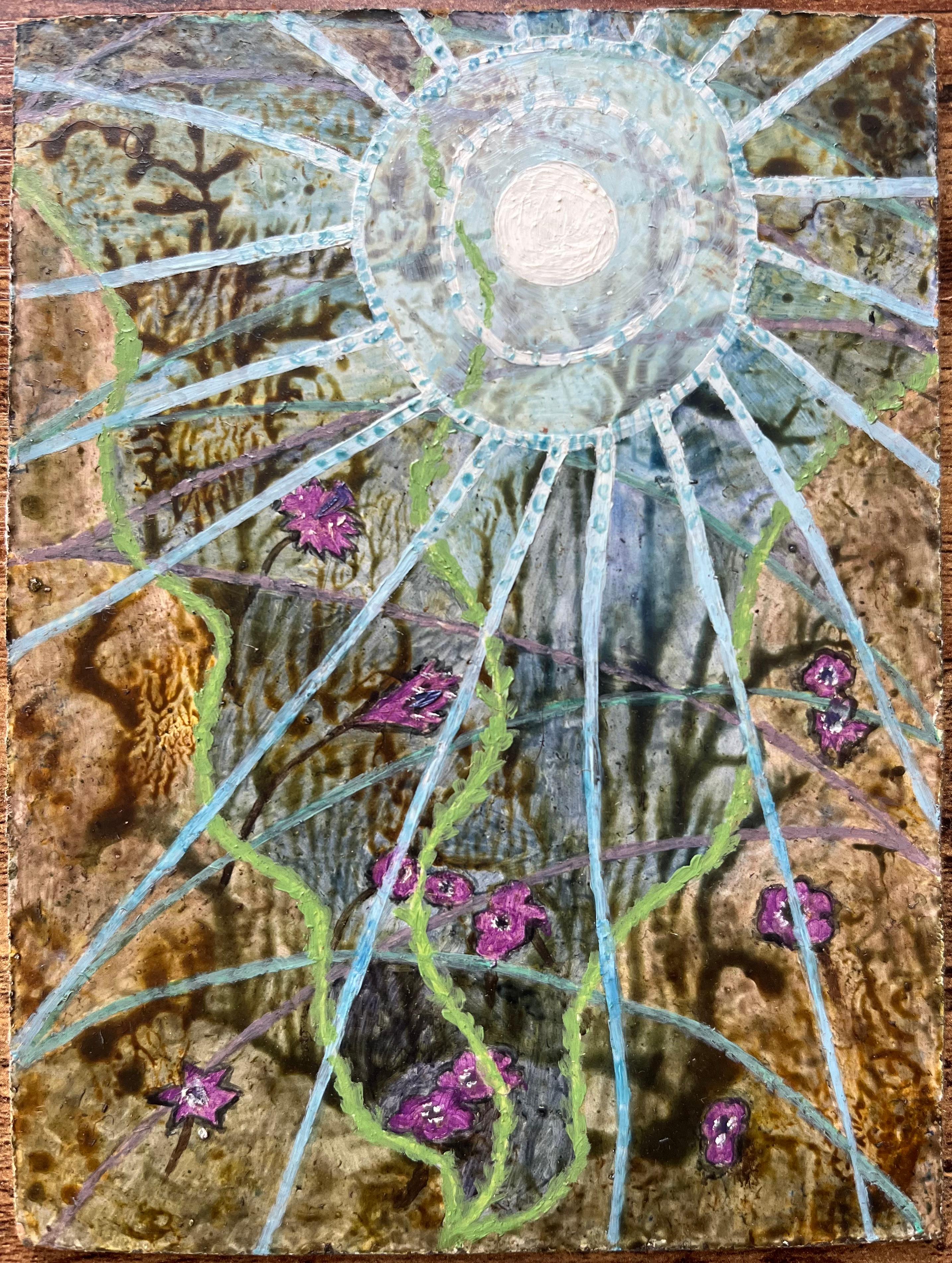 Pittura a olio surrealista britannica degli anni '60 - 'Sogni sotto la luna' Astratto - Painting di Elvic Steele