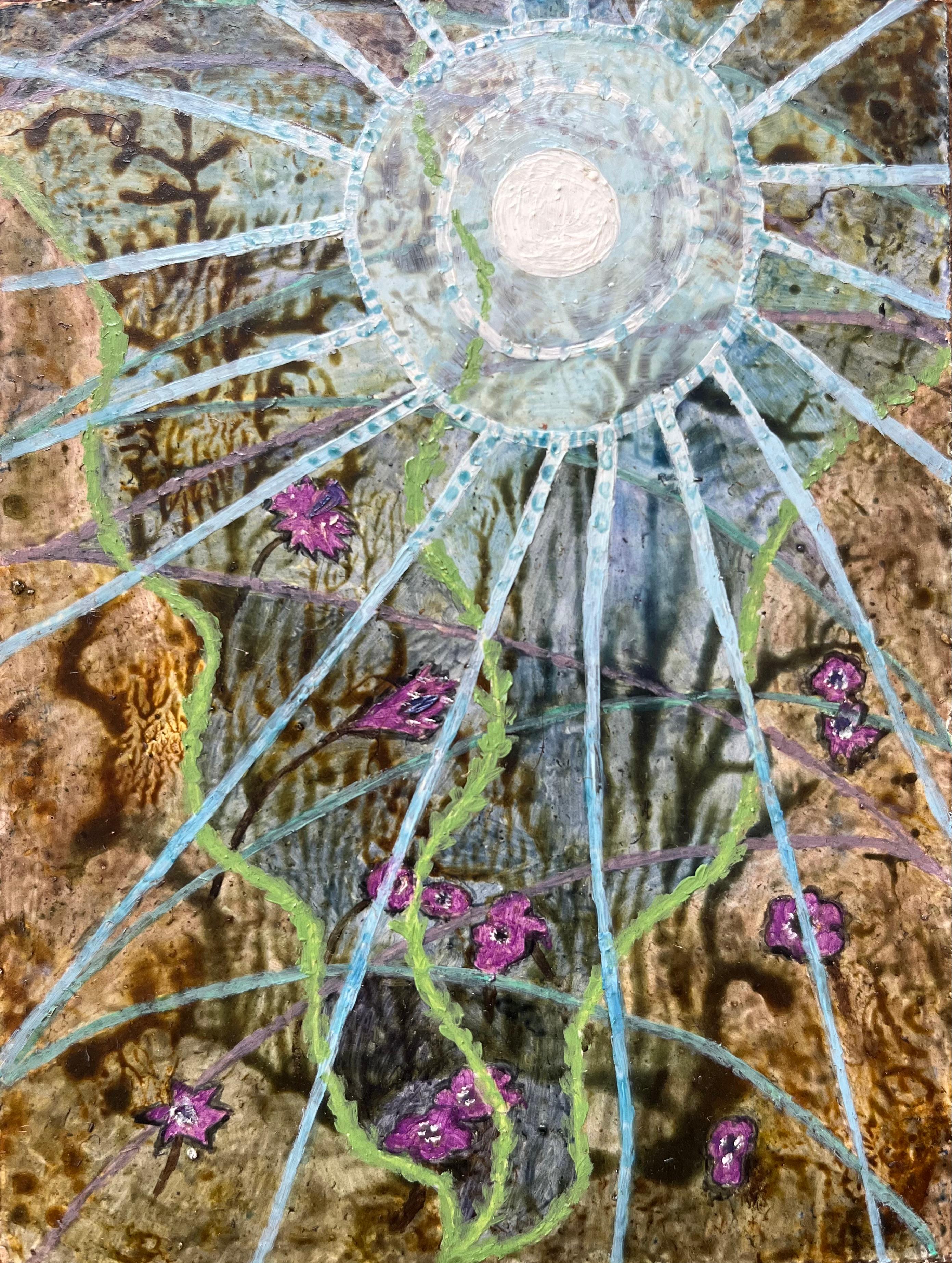 Abstract Painting di Elvic Steele - Pittura a olio surrealista britannica degli anni '60 - 'Sogni sotto la luna' Astratto