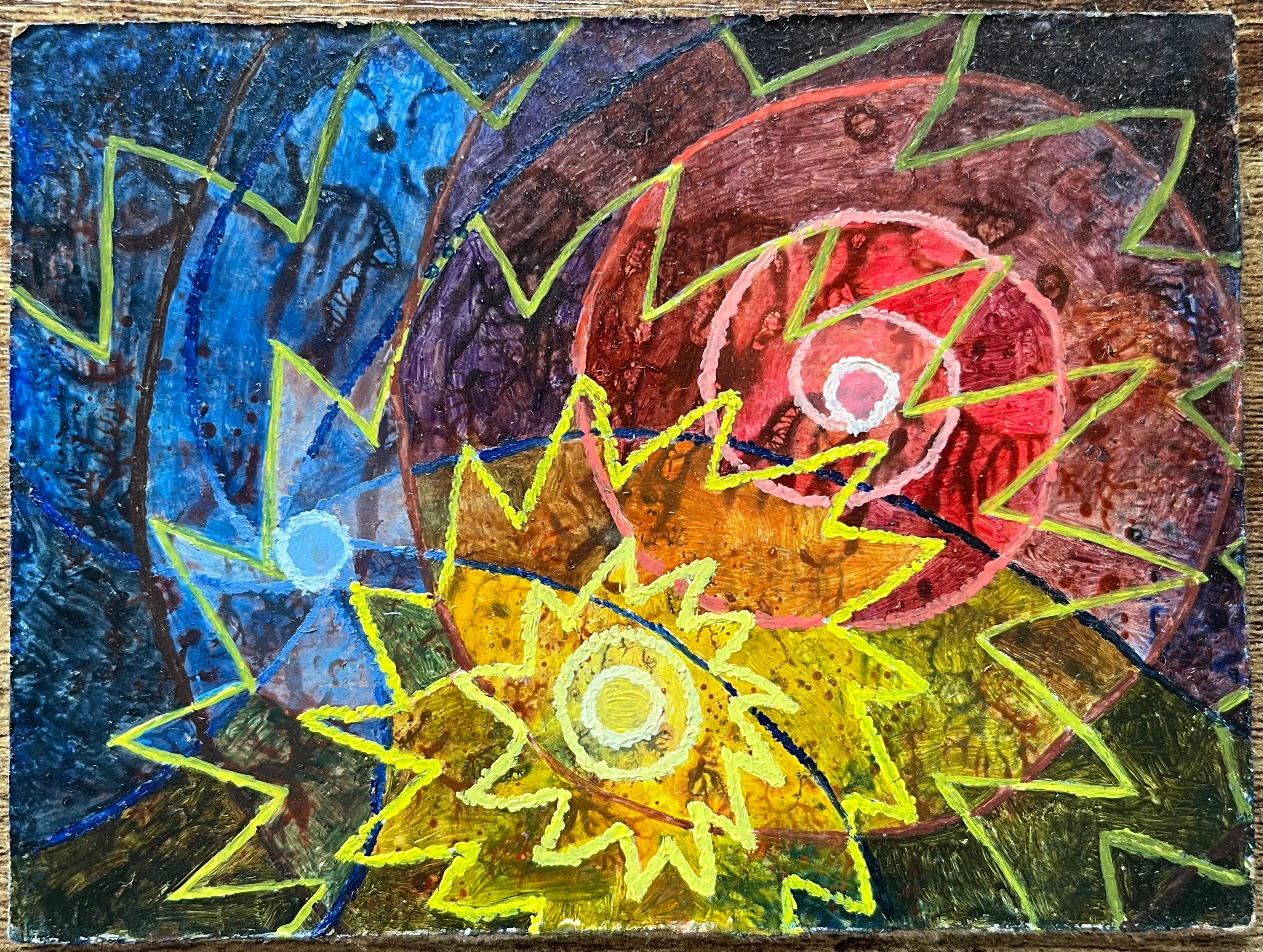 Pittura ad olio surrealista britannica degli anni '60 - Cerchi di energia dinamica - Painting di Elvic Steele