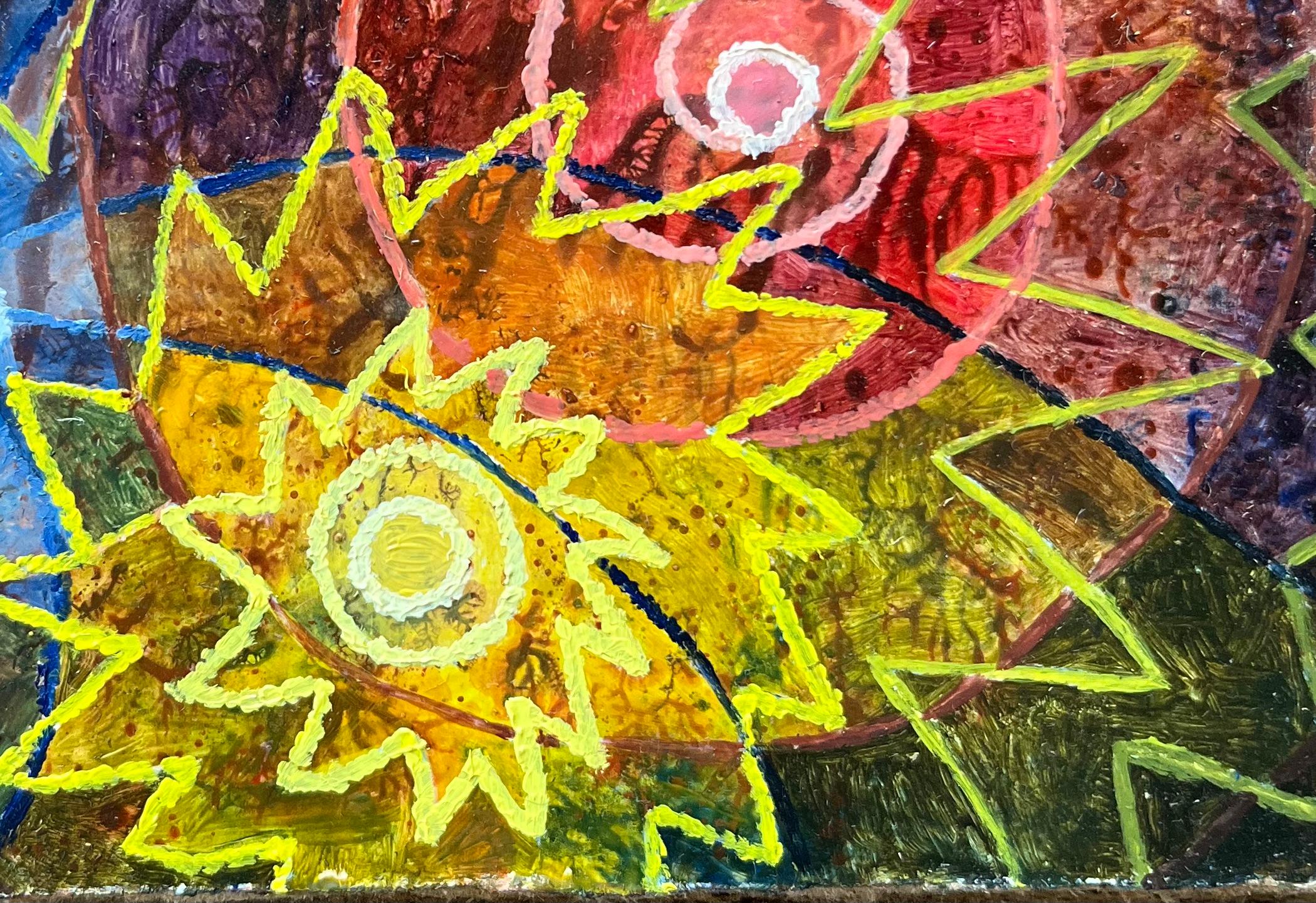 Pittura ad olio surrealista britannica degli anni '60 - Cerchi di energia dinamica - Abstract Painting Nero di Elvic Steele