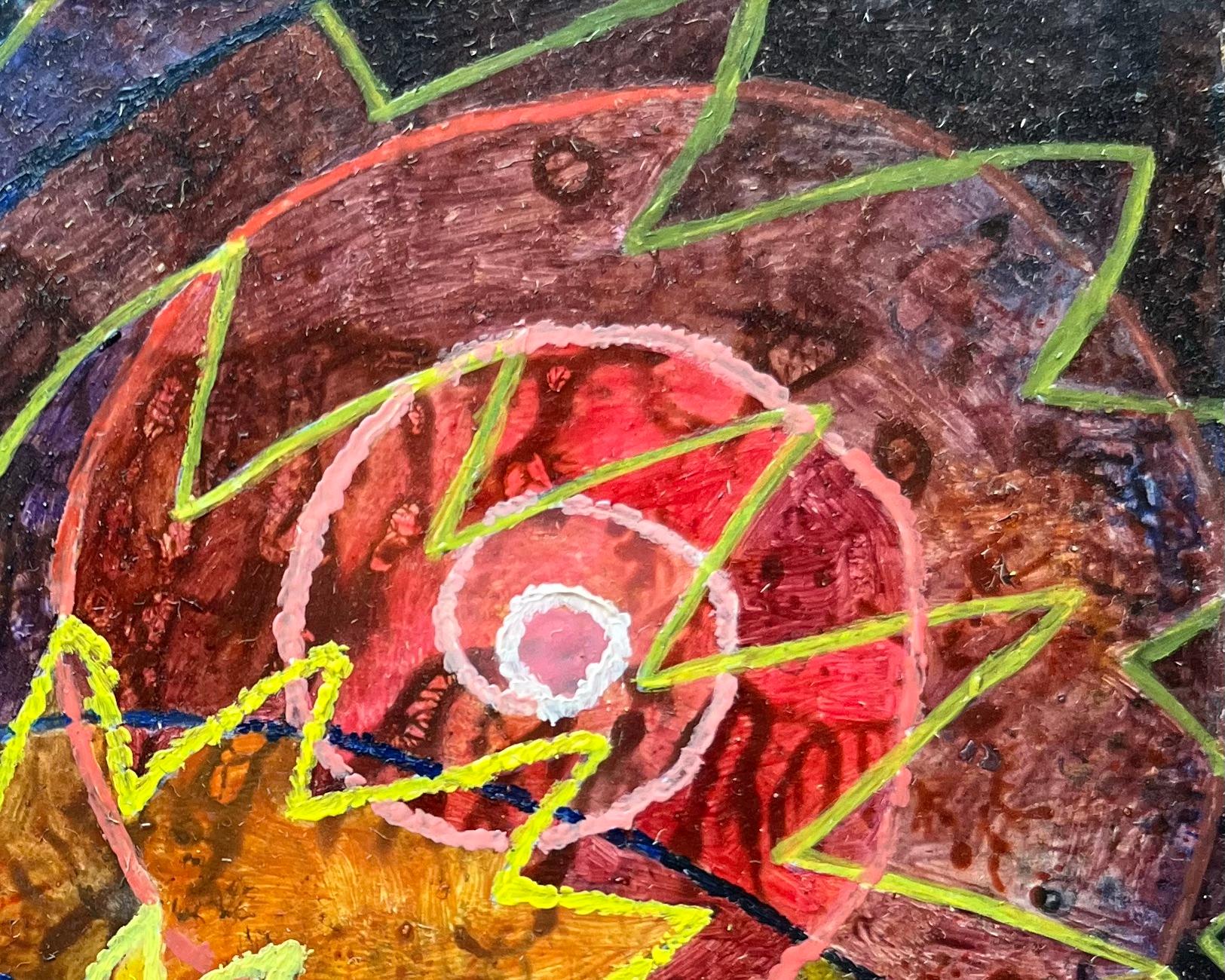 Titolo: Pittura ad olio surrealista britannica degli anni '60 - Cerchi di energia dinamica
Mezzo: Olio su tavola, senza cornice
Dimensioni: 4,5 altezza x 6 larghezza
Condizioni: Buono 
Provenienza: tutti i quadri che abbiamo di questo artista