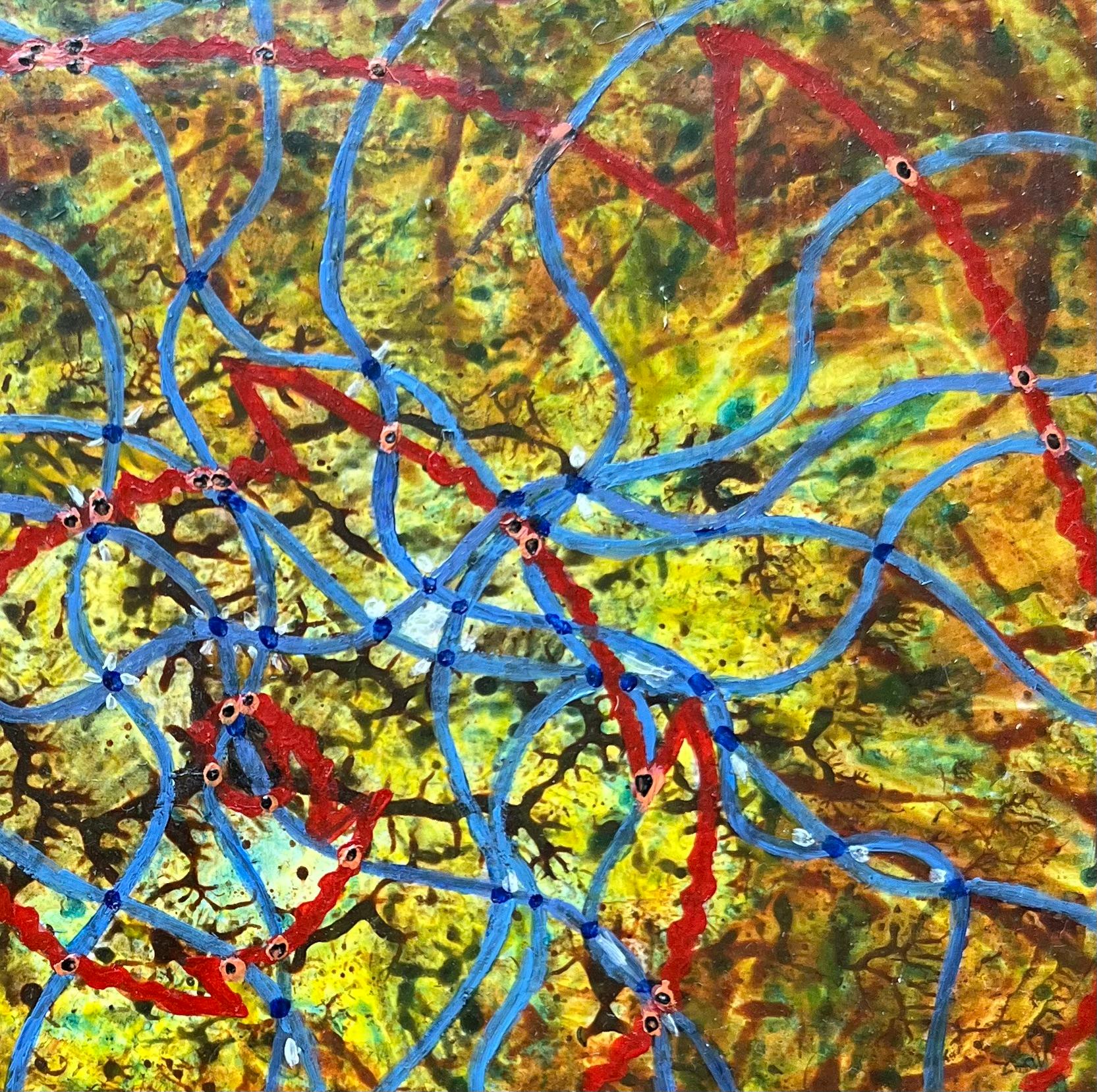 Pittura ad olio surrealista britannica degli anni '60 - 'Incontri' astratti - Abstract Painting Marrone di Elvic Steele