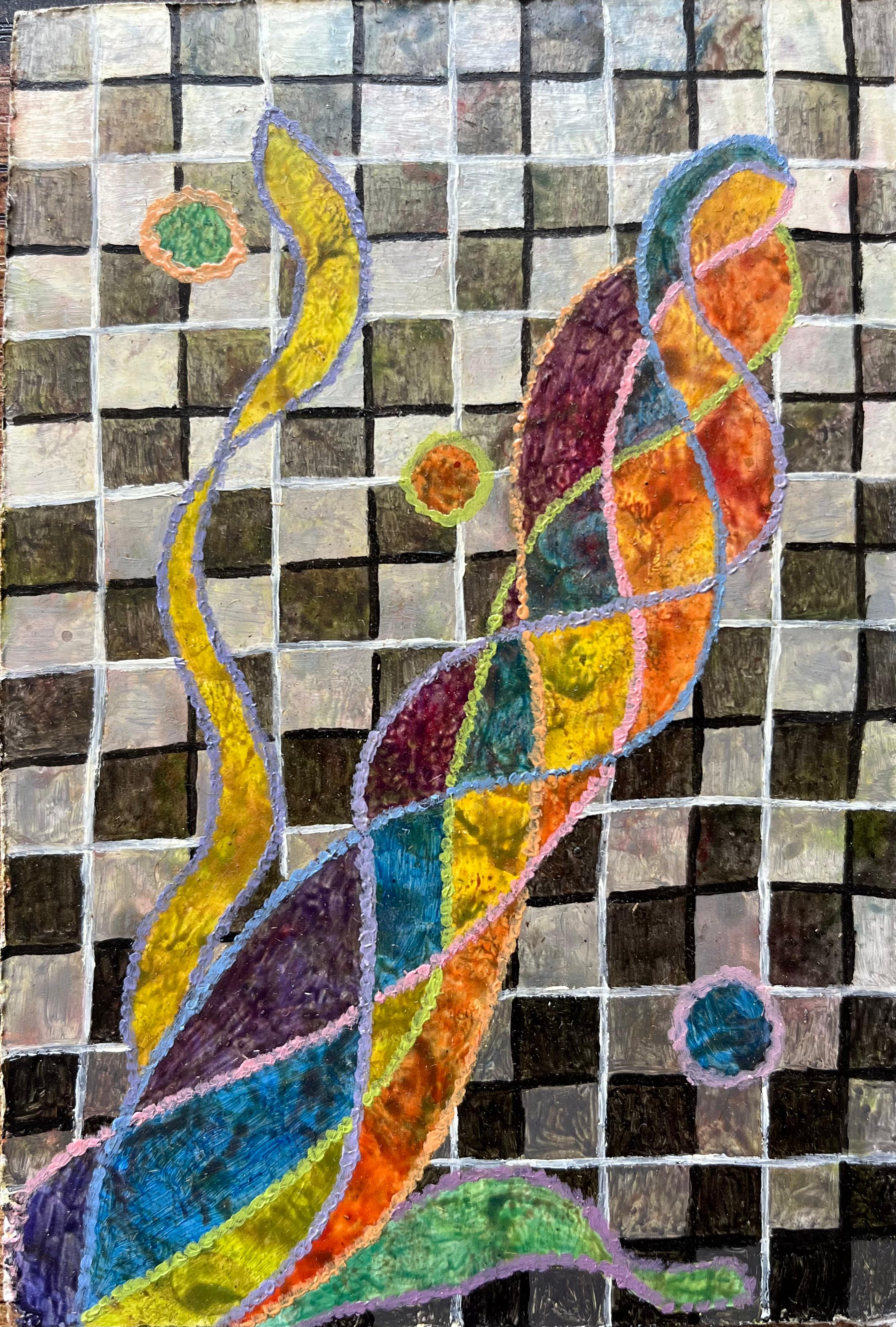 Abstract Painting di Elvic Steele - Pittura a olio surrealista britannica degli anni '60 - Studio astratto "Fatto + Fantasia