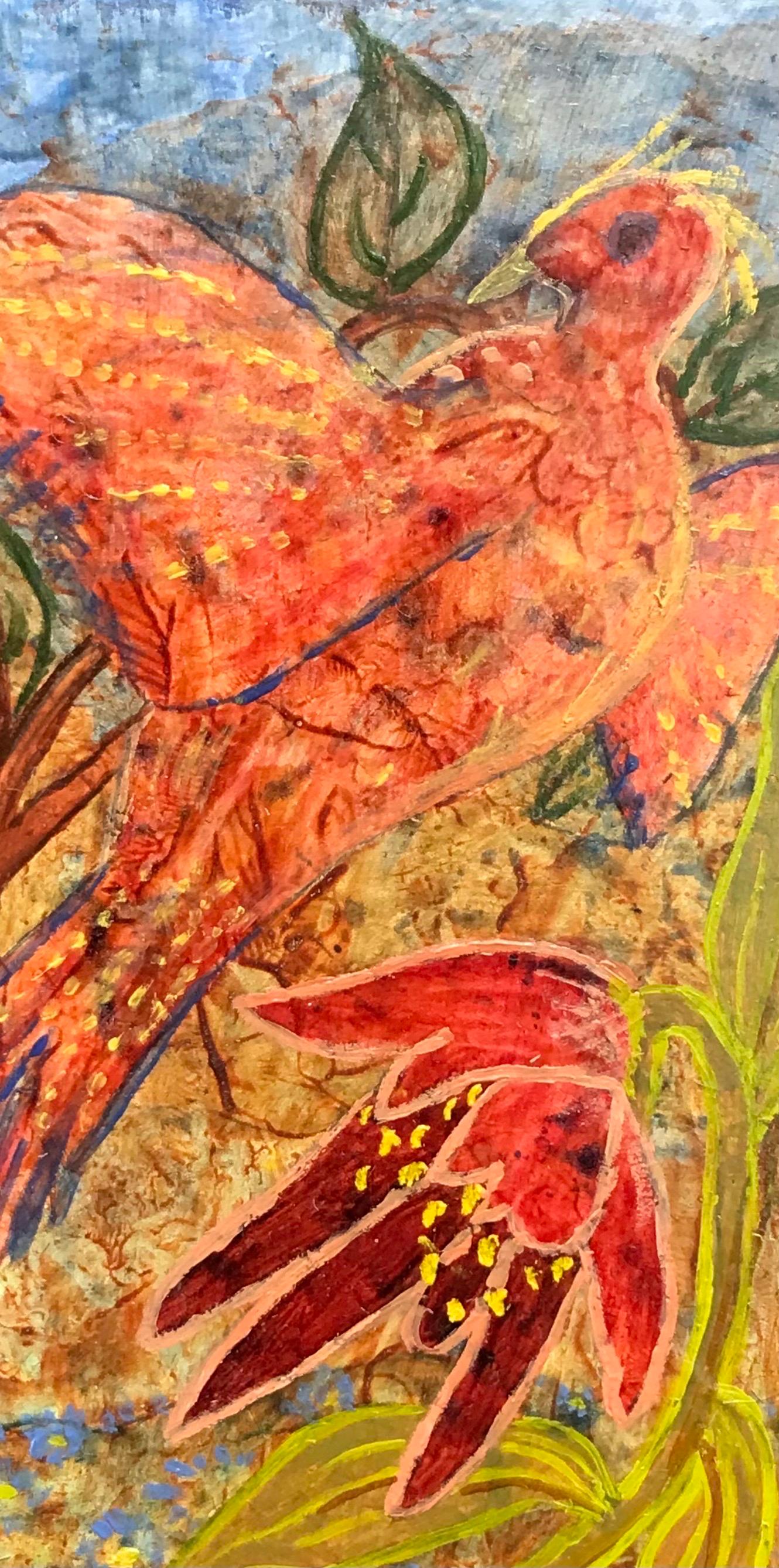 Peinture à l'huile surréaliste britannique des années 1960 - Oiseau rose abstrait fantaisie  - Surréalisme Painting par Elvic Steele