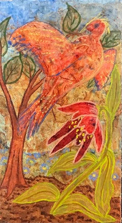 Peinture à l'huile surréaliste britannique des années 1960 - Oiseau rose abstrait fantaisie 