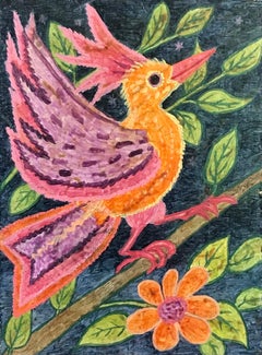 1960's British Surrealist Oil Painting - Fantasy Bright Pink & Orange Bird