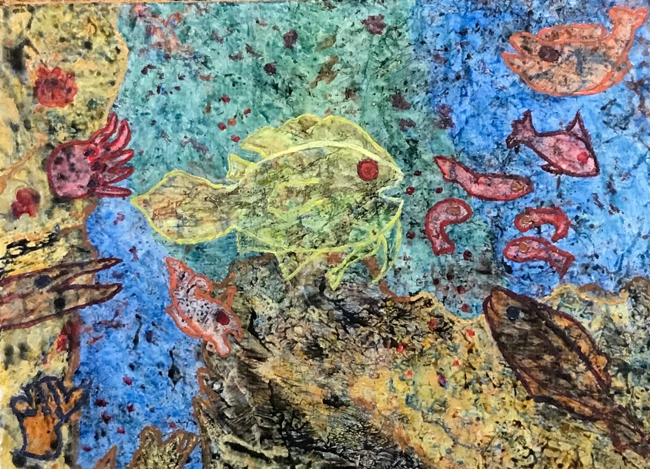 Elvic Steele Abstract Painting - 1960's British Surrealist Oil Painting - Fantasy Fish 'Rocky Pool'