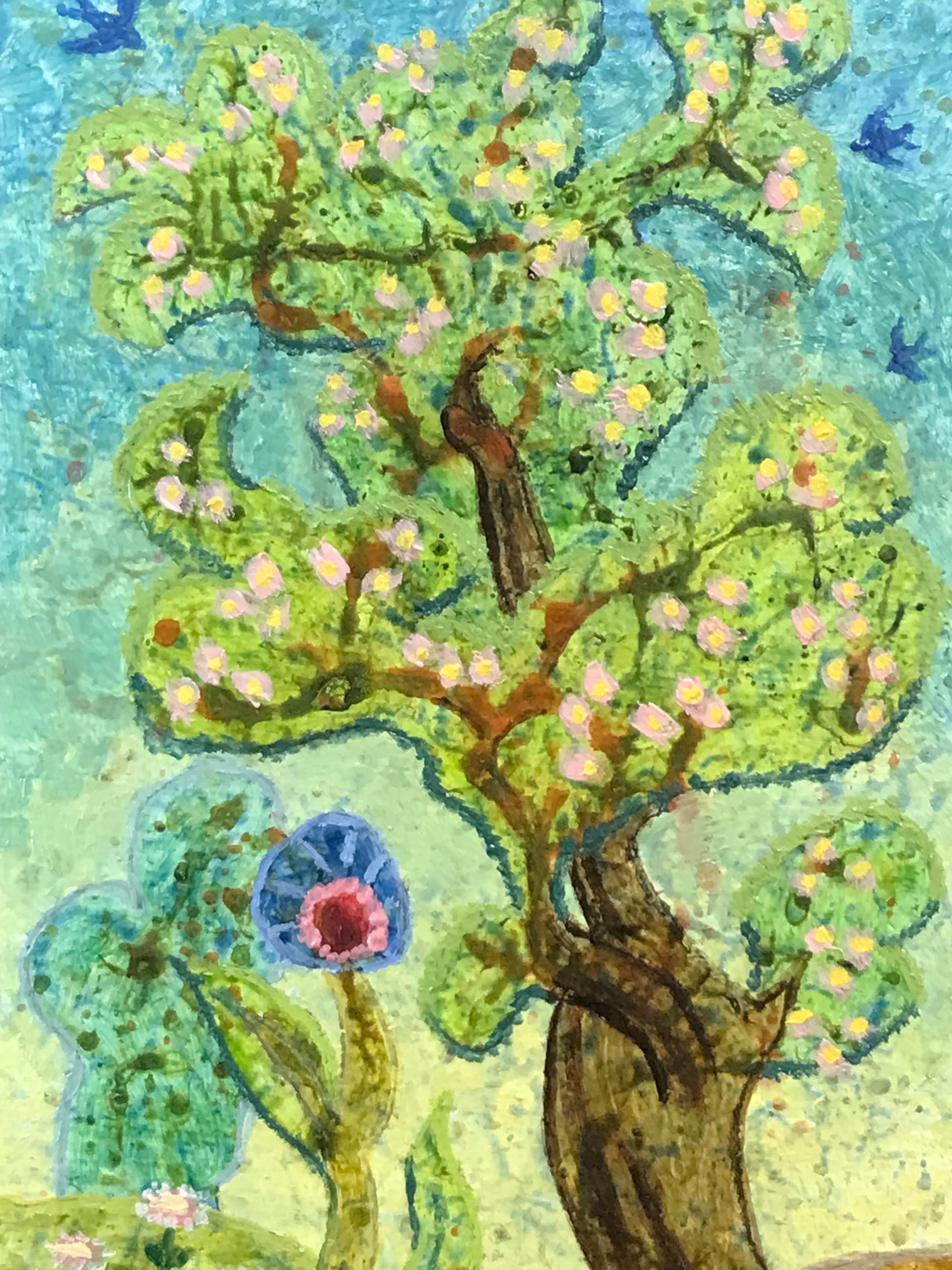 Peinture à l'huile surréaliste britannique des années 1960 - Paysage fantastique d'arbre rose - Painting de Elvic Steele