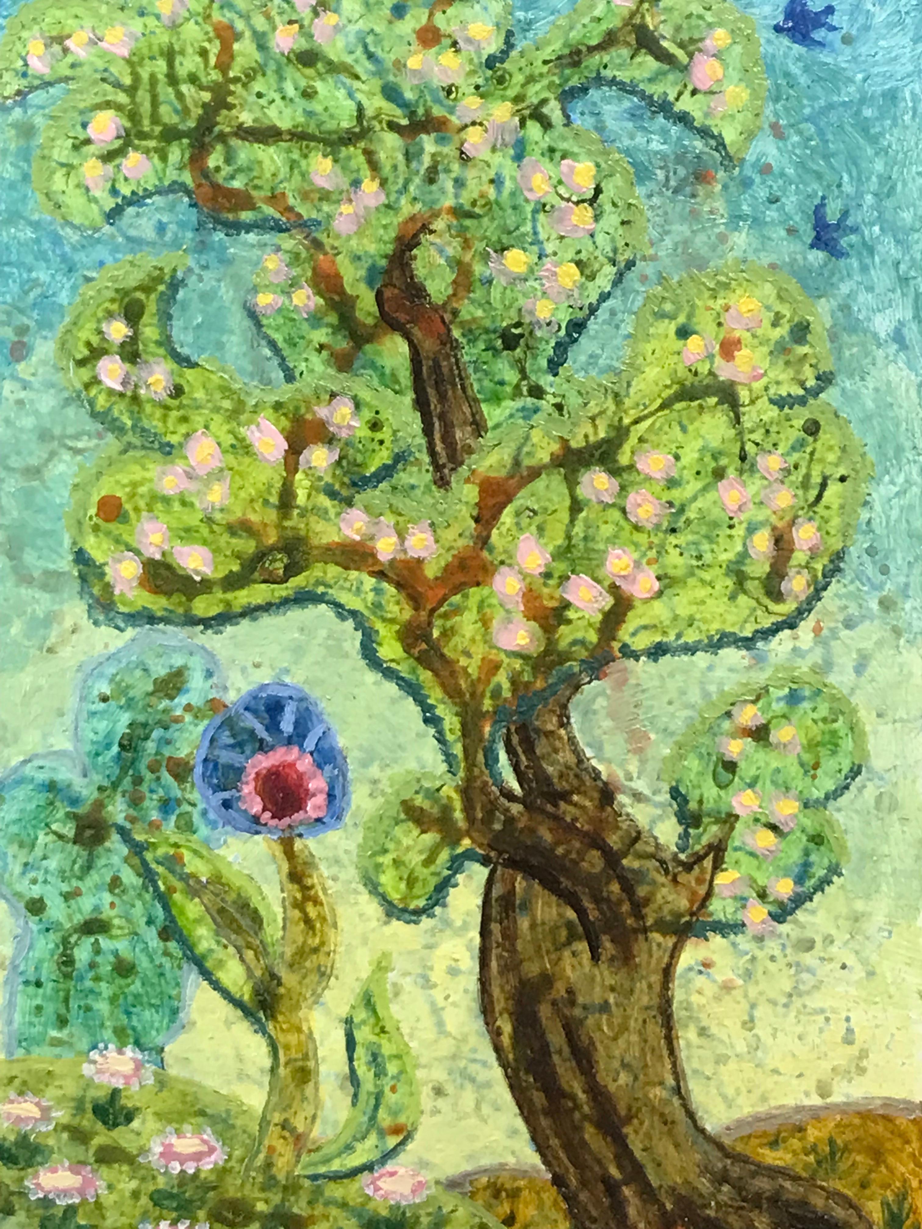 Peinture à l'huile surréaliste britannique des années 1960 - Paysage fantastique d'arbre rose - Surréalisme Painting par Elvic Steele