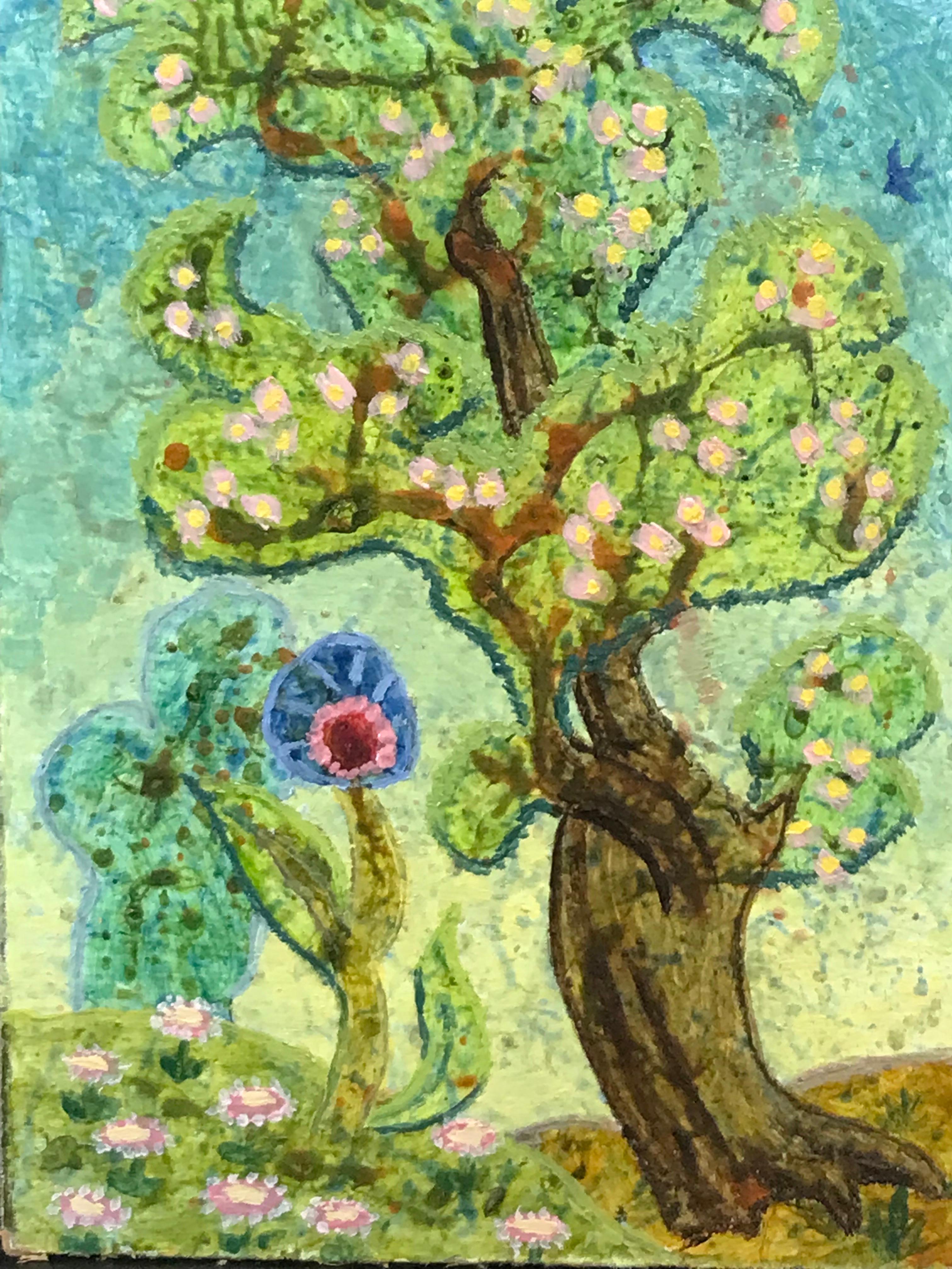Peinture à l'huile surréaliste britannique des années 1960 - Paysage fantastique d'arbre rose - Vert Abstract Painting par Elvic Steele