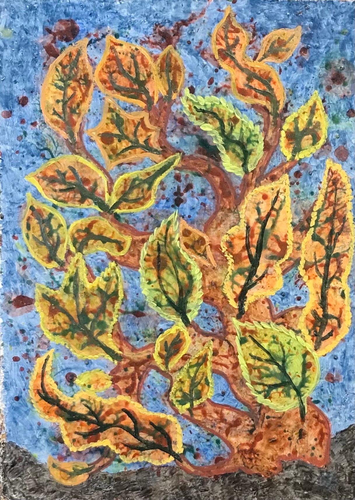 Abstract Painting di Elvic Steele - Pittura ad olio surrealista britannica degli anni '60 - Albero di fantasia con foglie verdi e marroni