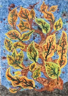 Peinture à l'huile surréaliste britannique des années 1960 - arbre fantastique avec feuilles vertes et brunes