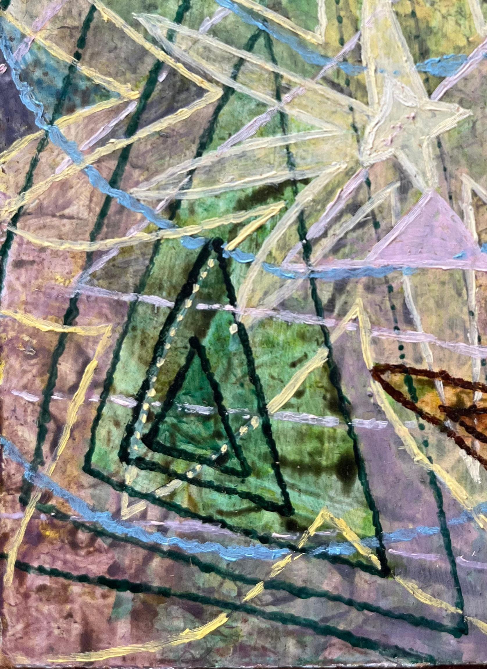 Pintura al óleo surrealista británica de los años 60 - 'Finito + Infinito: Abstracción geométrica - Abstract Painting Gris de Elvic Steele