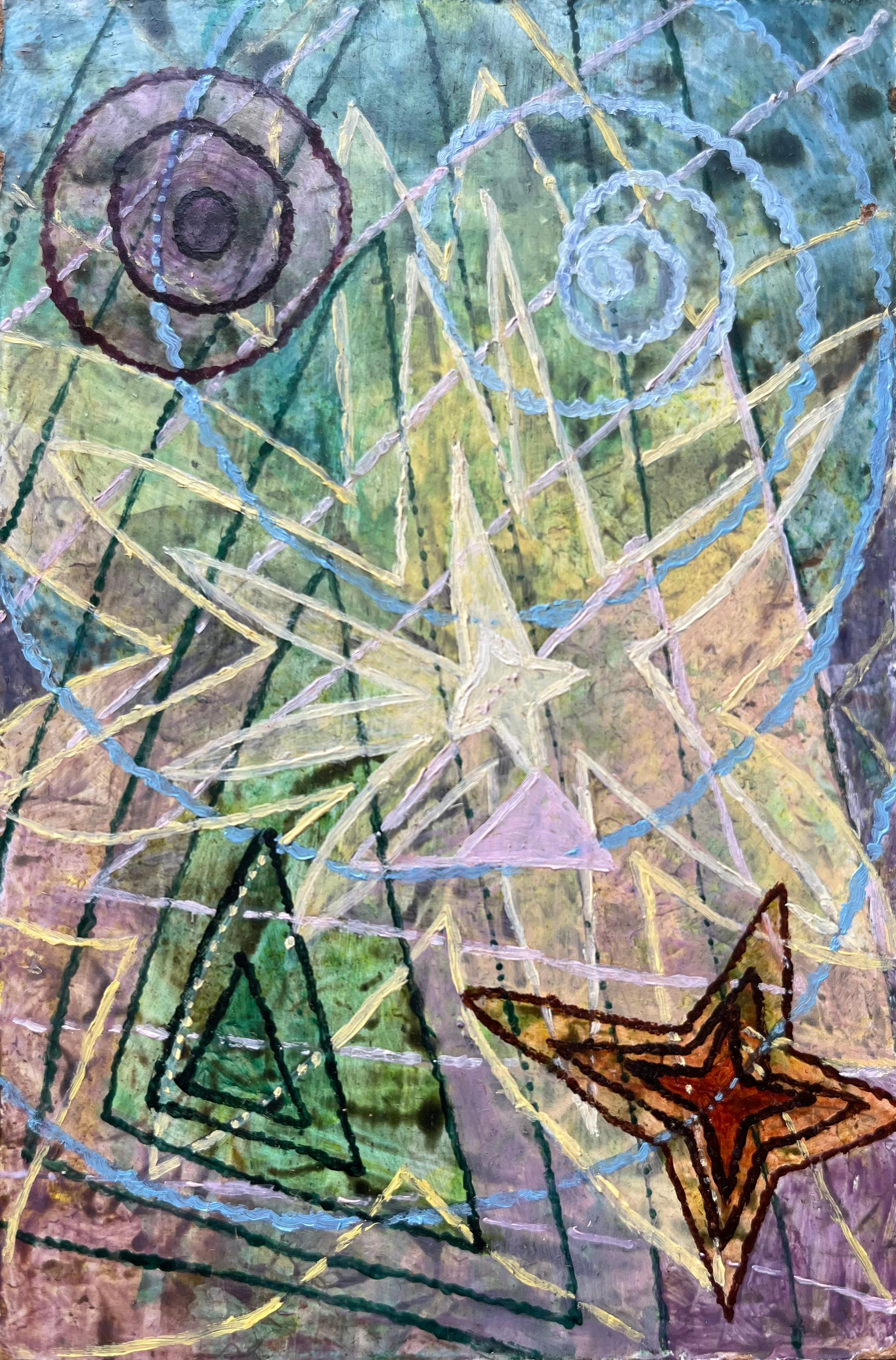 Abstract Painting de Elvic Steele - Pintura al óleo surrealista británica de los años 60 - 'Finito + Infinito: Abstracción geométrica