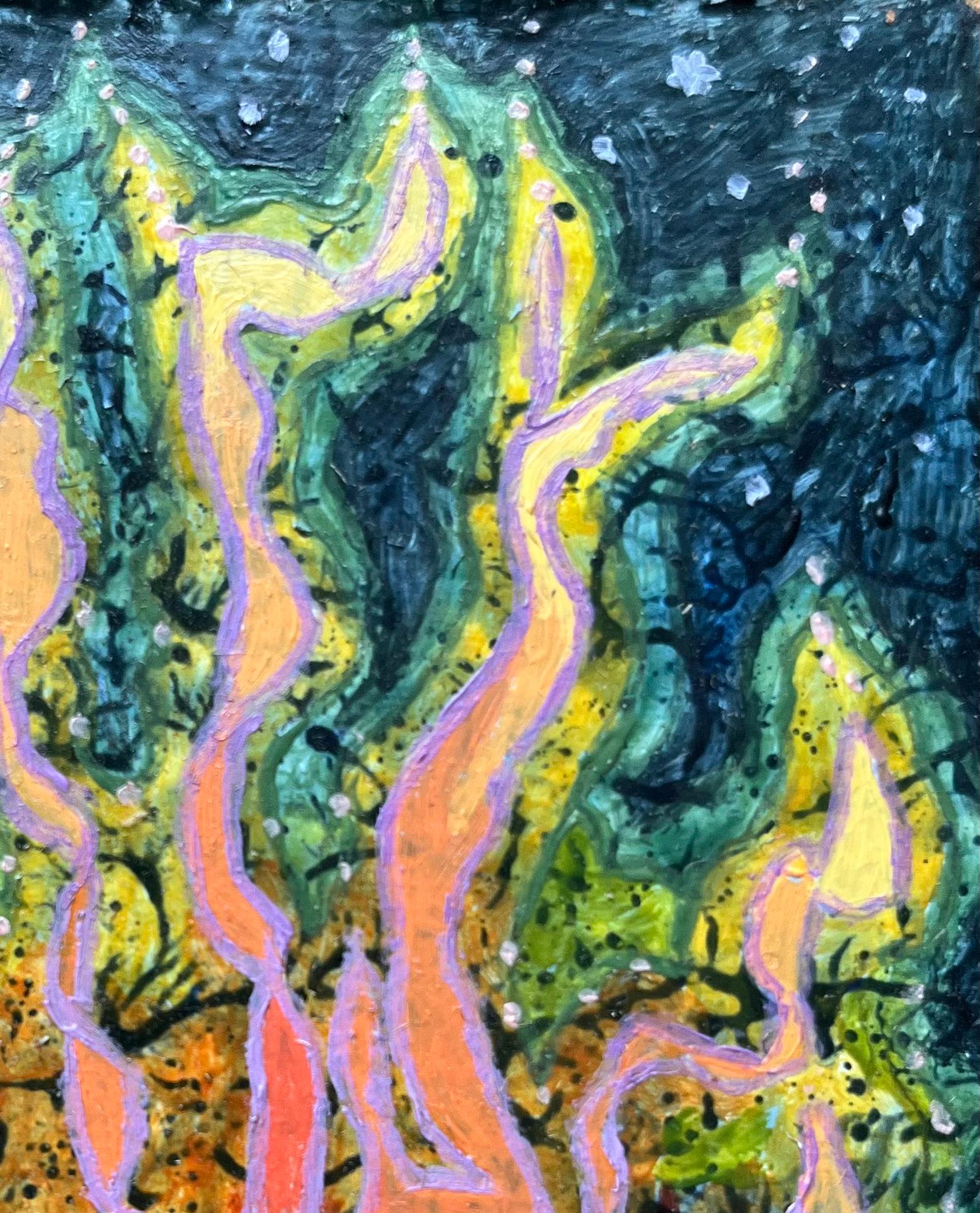 Titolo: Pittura a olio surrealista britannica degli anni '60 - Studio astratto sul fuoco
Mezzo: Olio su tavola, senza cornice
Dimensioni: 4,5 altezza x 4 larghezza
Condizioni: Buono 
Provenienza: tutti i quadri che abbiamo di questo artista