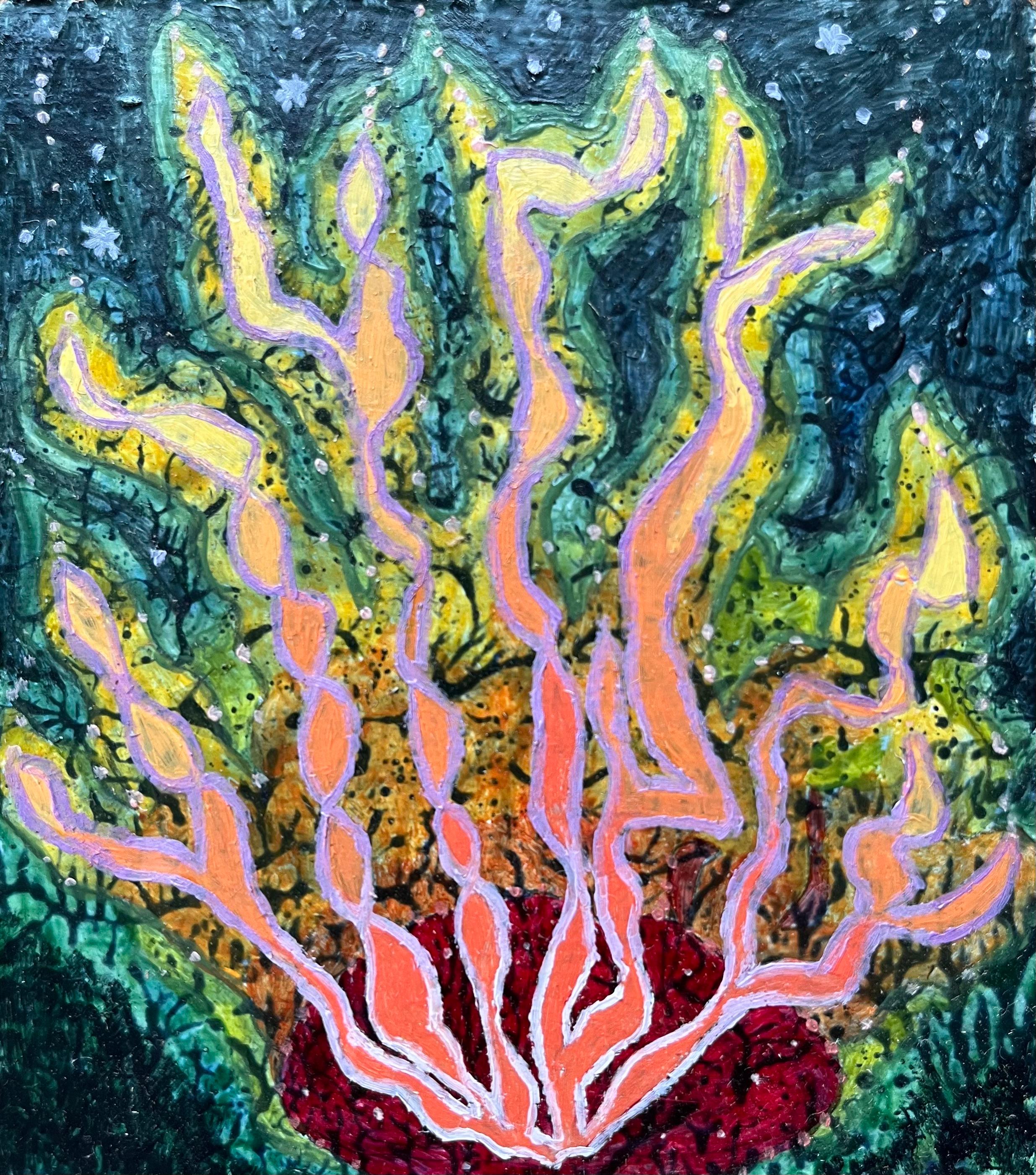 Abstract Painting di Elvic Steele - Pittura ad olio surrealista britannica degli anni '60 - Studio astratto "Fuoco