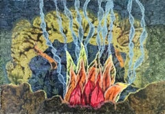 Retro 1960's British Surrealist Oil Painting - 'Flaming Sea' Fantasy Abstract