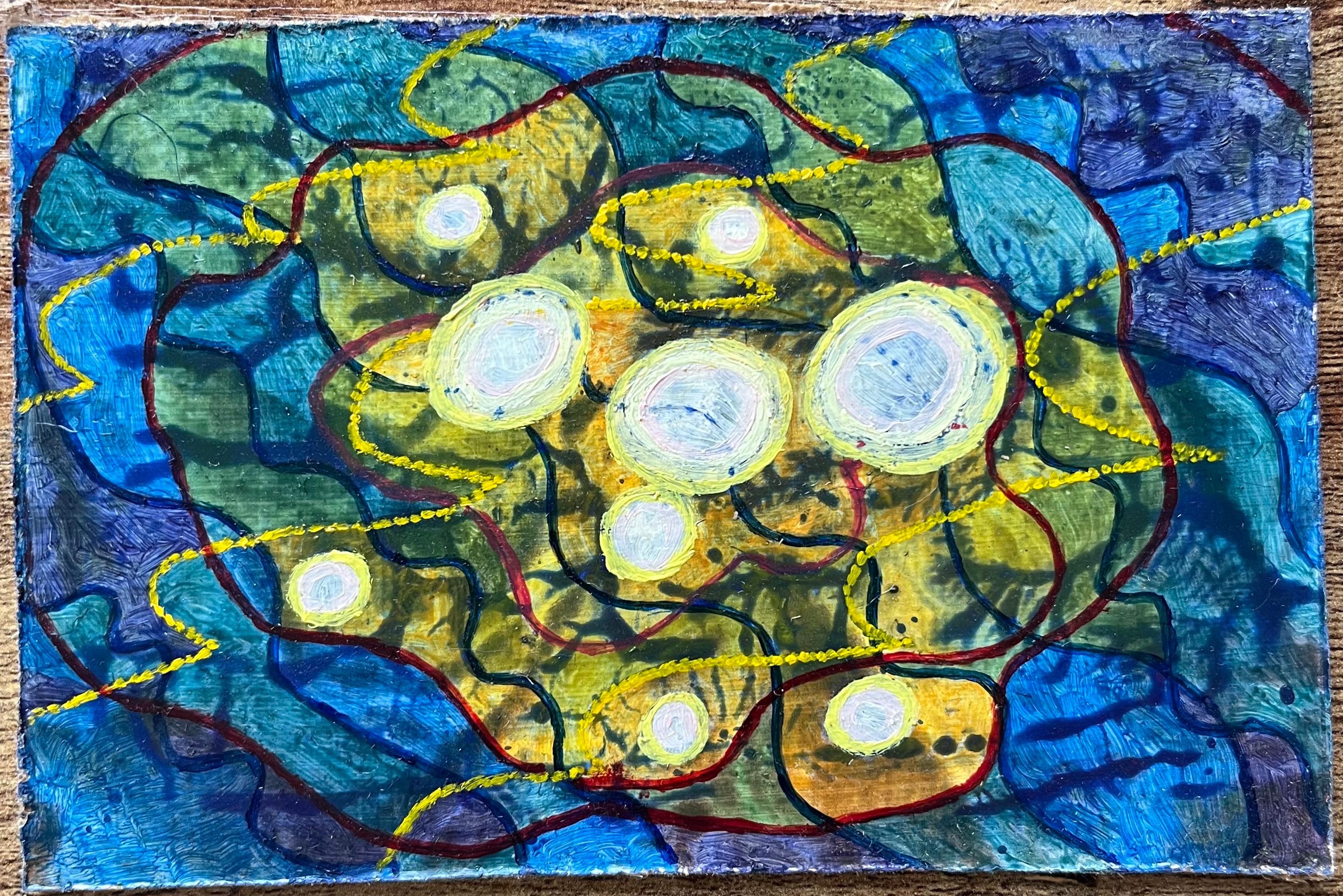 Pintura al óleo surrealista británica de los años 60 - 'Flotante 1': Orbes cósmicos y energía - Painting de Elvic Steele