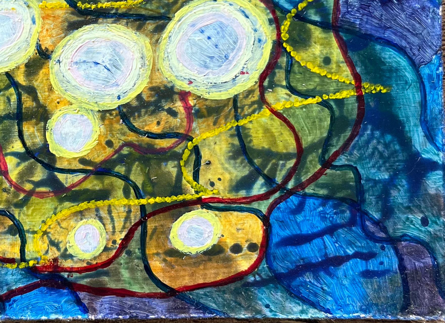 Pintura al óleo surrealista británica de los años 60 - 'Flotante 1': Orbes cósmicos y energía - Painting Surrealista de Elvic Steele