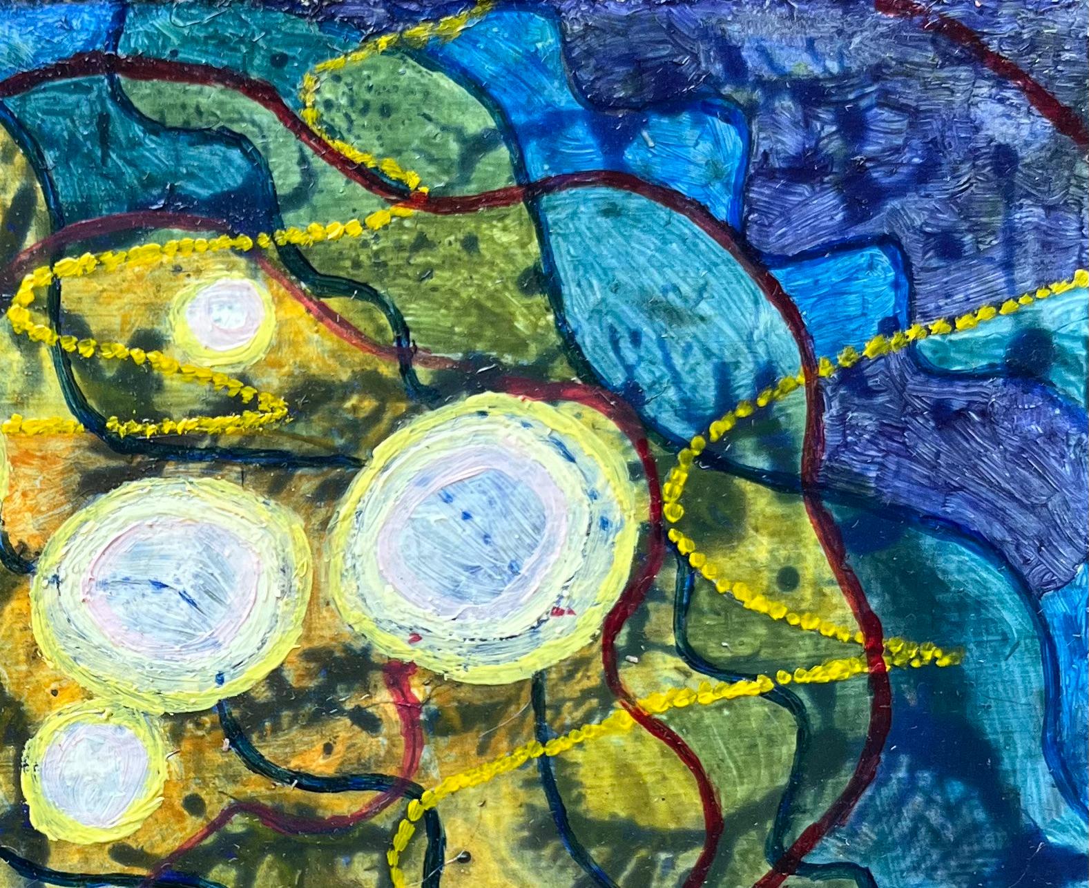 Pintura al óleo surrealista británica de los años 60 - 'Flotante 1': Orbes cósmicos y energía - Abstract Painting Azul de Elvic Steele