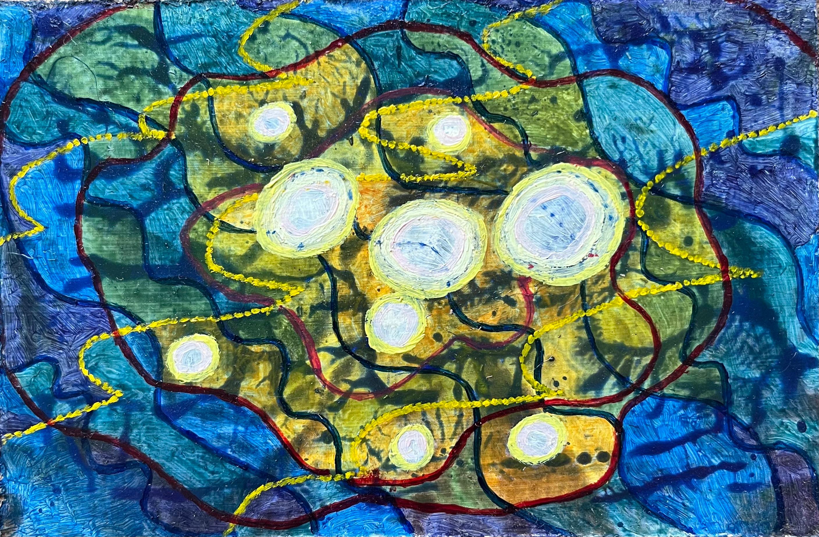 Abstract Painting de Elvic Steele - Pintura al óleo surrealista británica de los años 60 - 'Flotante 1': Orbes cósmicos y energía