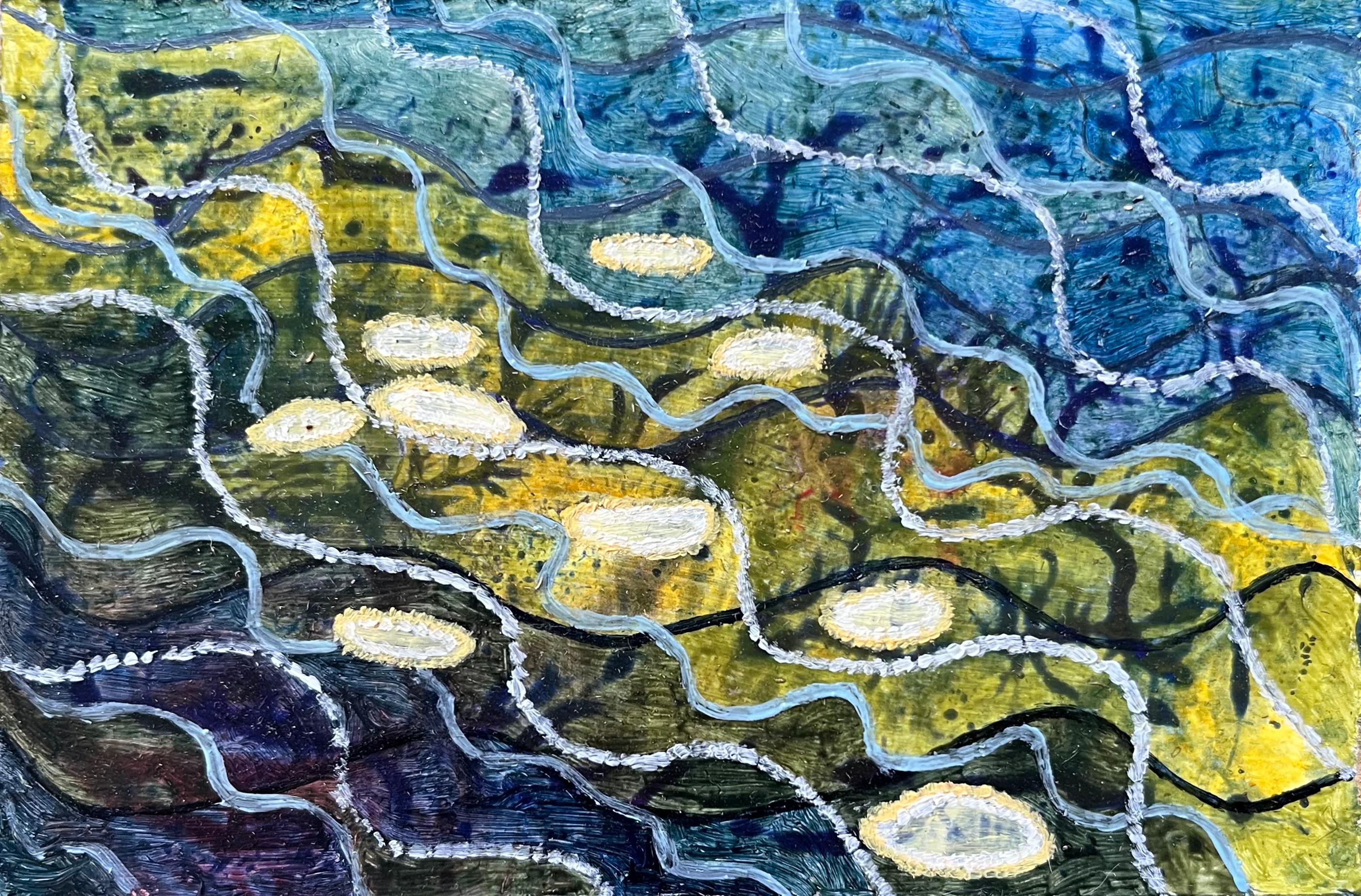Abstract Painting di Elvic Steele - Pittura ad olio surrealista britannica degli anni '60 - Studio astratto "Floating 2