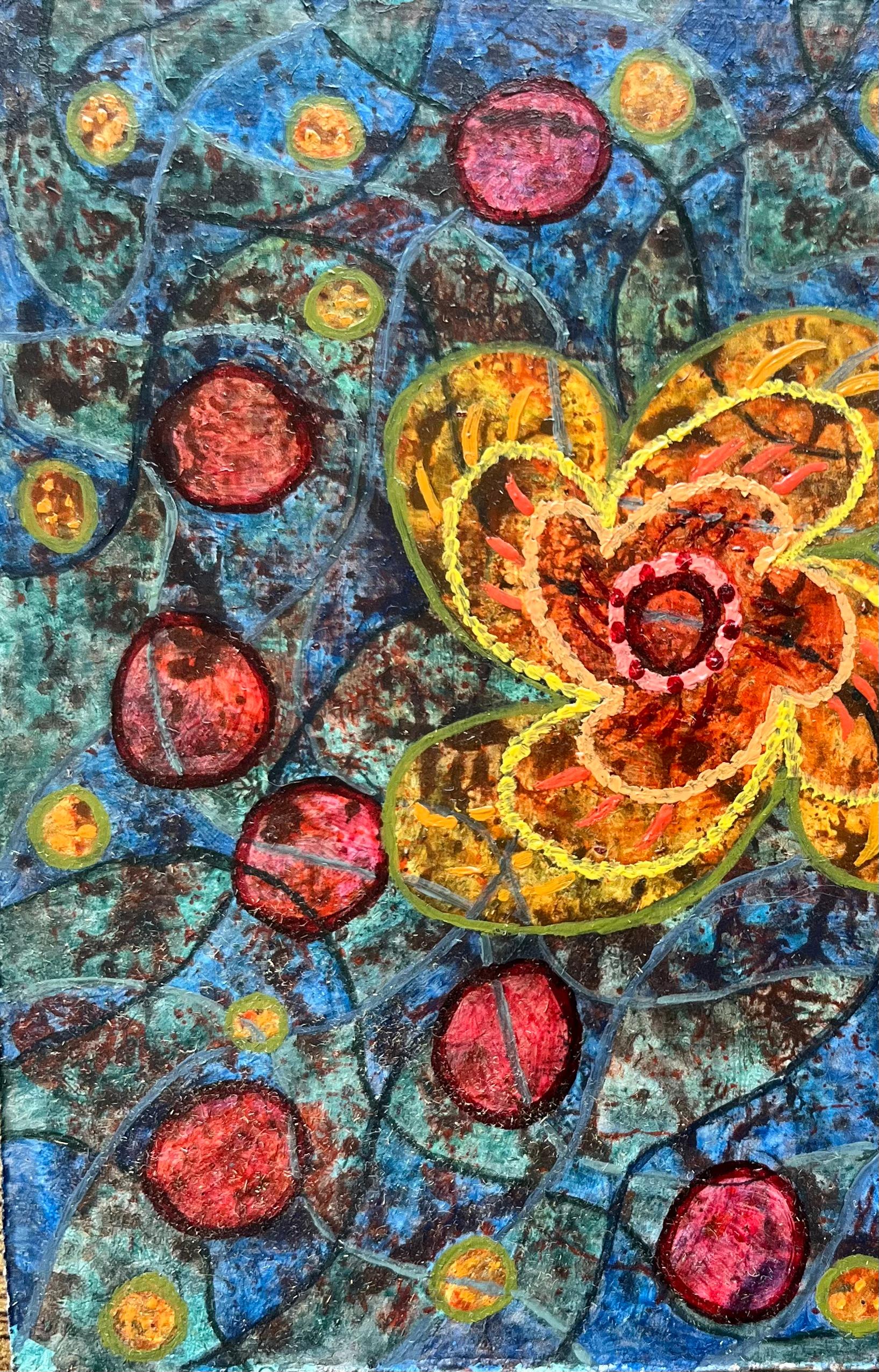 Pittura ad olio surrealista britannica degli anni '60 - Galleggiante: Composizione floreale astratta in vendita 1