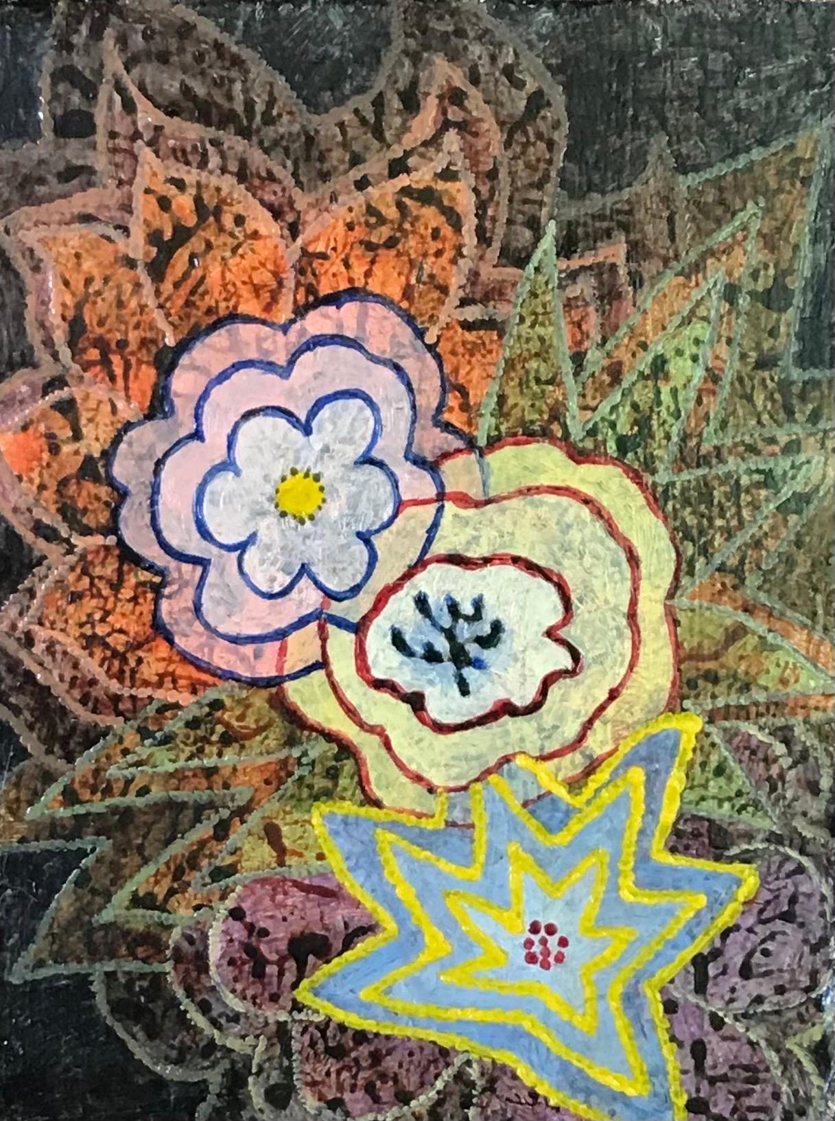 Elvic Steele Abstract Painting – 1960er Jahre Britisches surrealistisches Ölgemälde der 1960er Jahre - „Blumenformen“, Fantasie Abstrakt