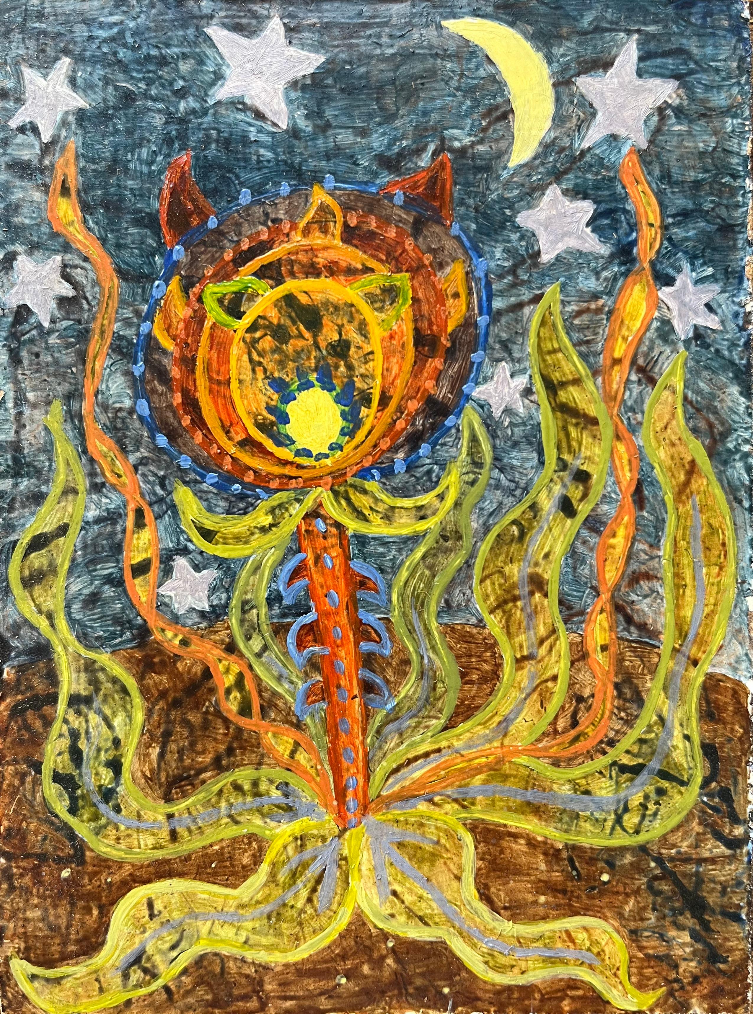 Abstract Painting de Elvic Steele - Pintura al óleo surrealista británica de los años 60 - "Flor Thoinasina"