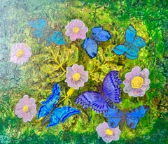 1960's British Surrealist Oil Painting - Flowers and Butterflies - Purple & Blue