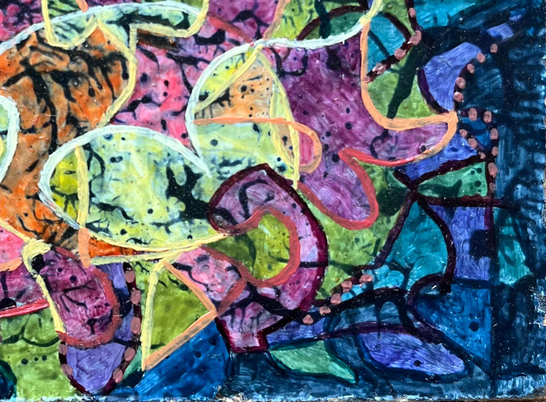 Pittura a olio surrealista britannica degli anni '60 - 'Luci del giardino' astratta - Painting Surrealismo di Elvic Steele