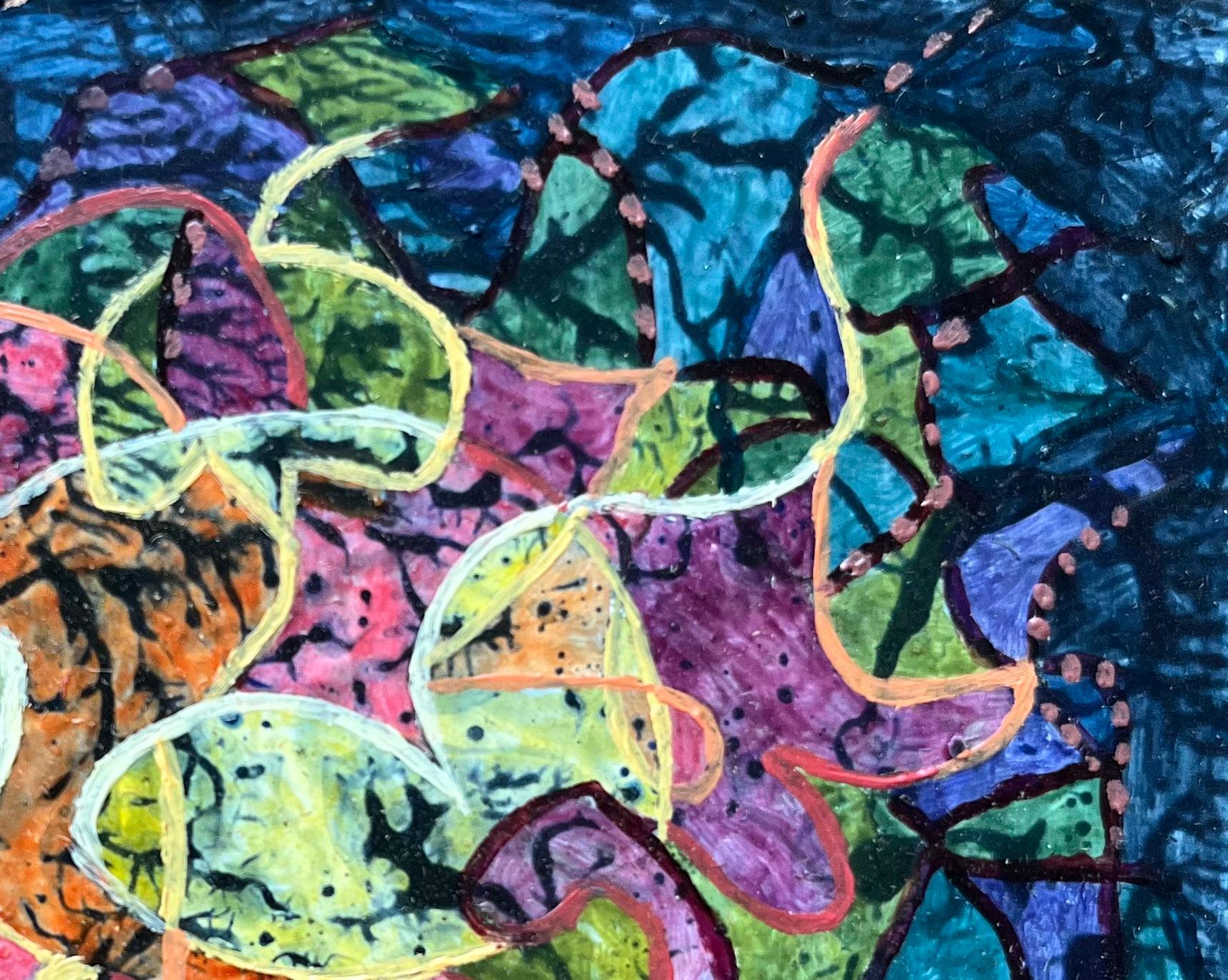 Pittura a olio surrealista britannica degli anni '60 - 'Luci del giardino' astratta - Abstract Painting Blu di Elvic Steele