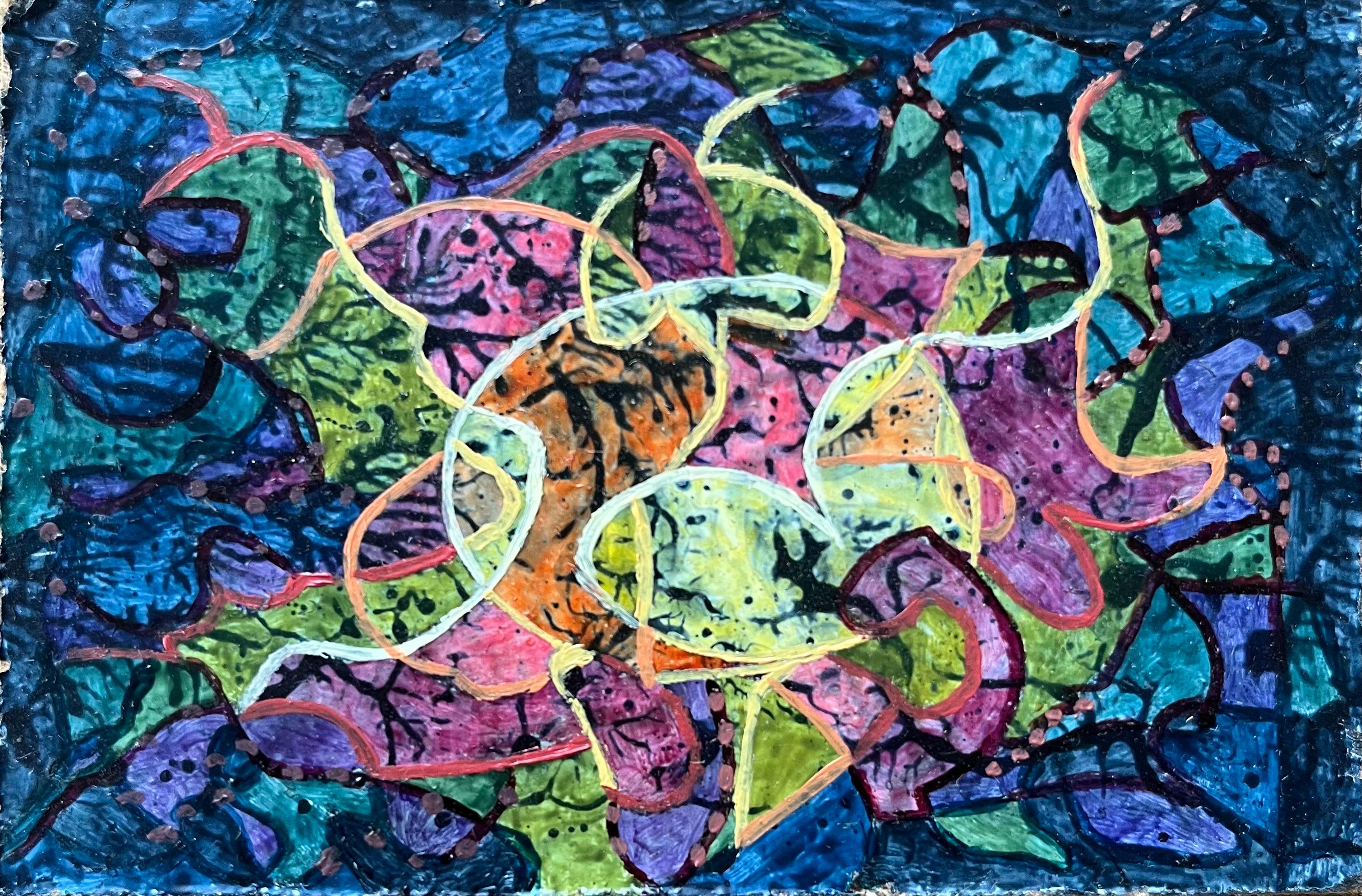 Abstract Painting di Elvic Steele - Pittura a olio surrealista britannica degli anni '60 - 'Luci del giardino' astratta
