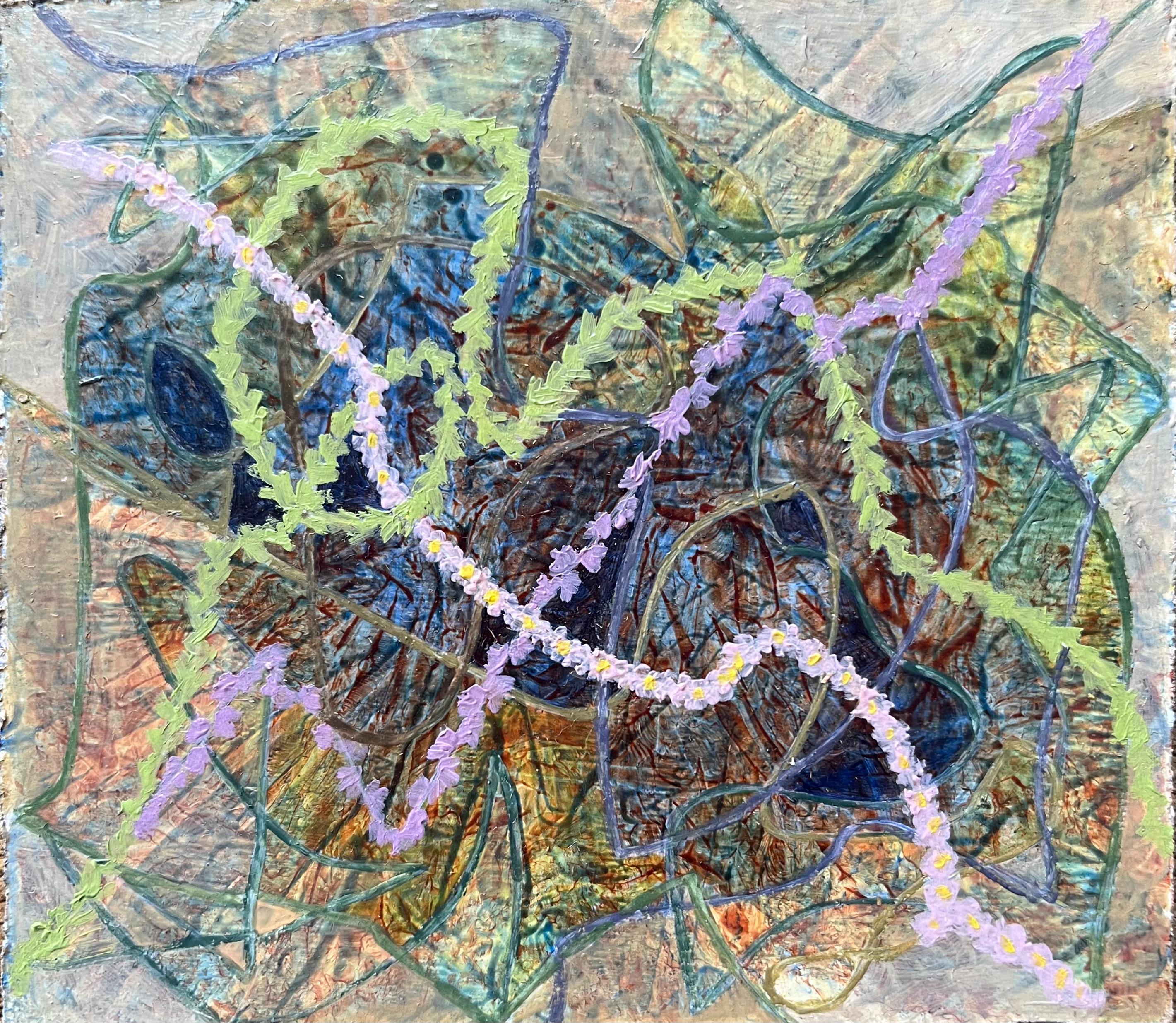 Abstract Painting di Elvic Steele - Pittura ad olio surrealista britannica degli anni '60 - Studio astratto "Ghirlande per la raccolta".