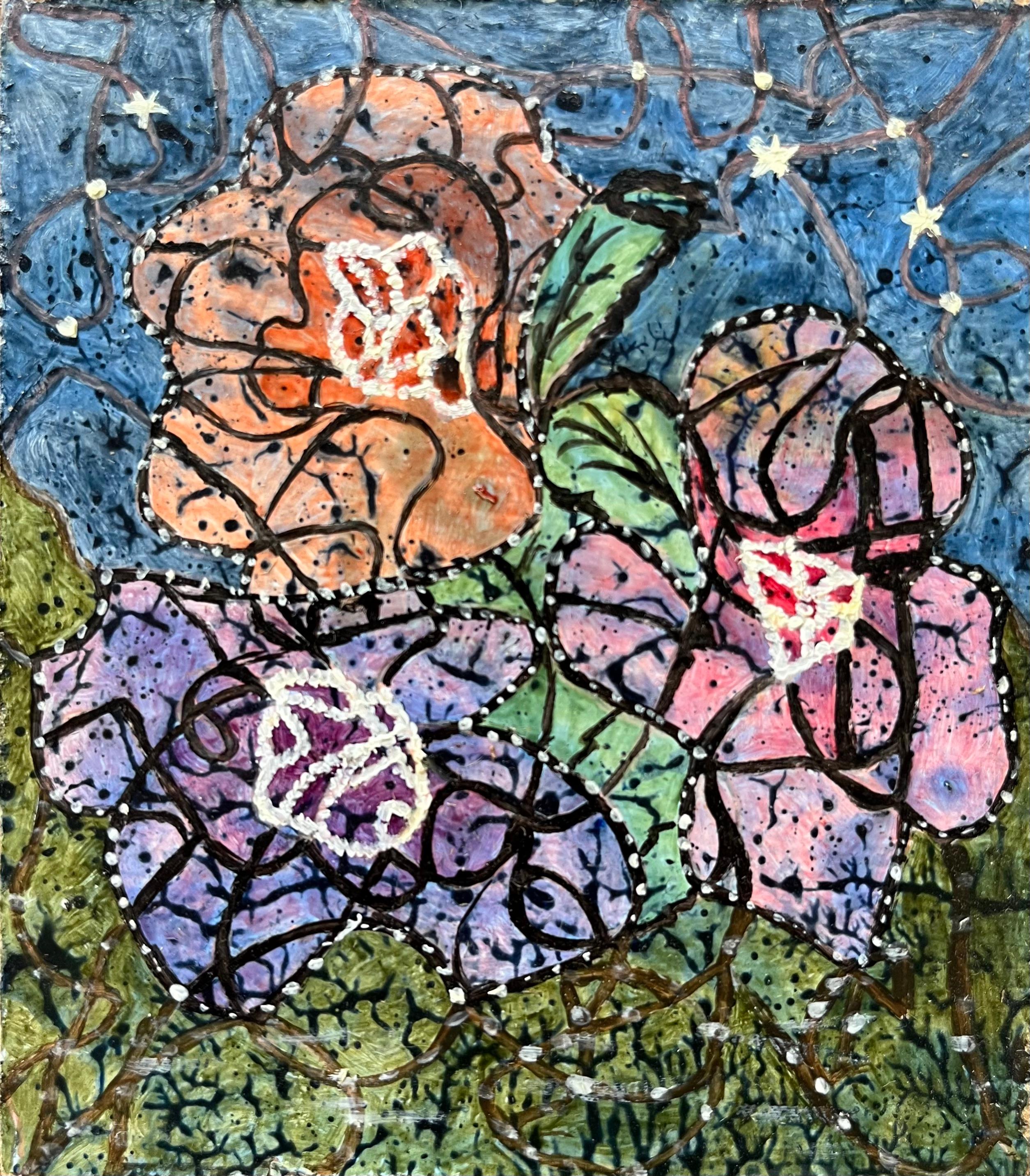 Abstract Painting di Elvic Steele - Pittura a olio surrealista britannica degli anni '60 - "Fantasmi di fiori smerigliati