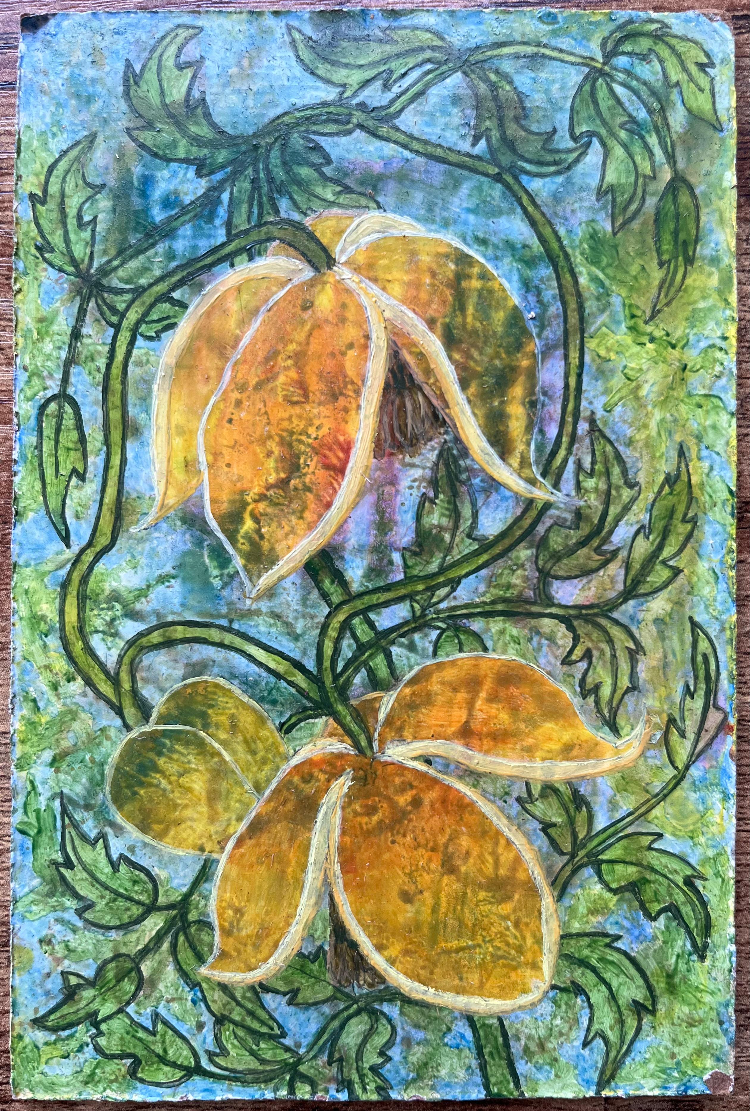 Britisches surrealistisches Ölgemälde aus den 1960er Jahren - Goldene Blüten in grünem Wachstum – Painting von Elvic Steele