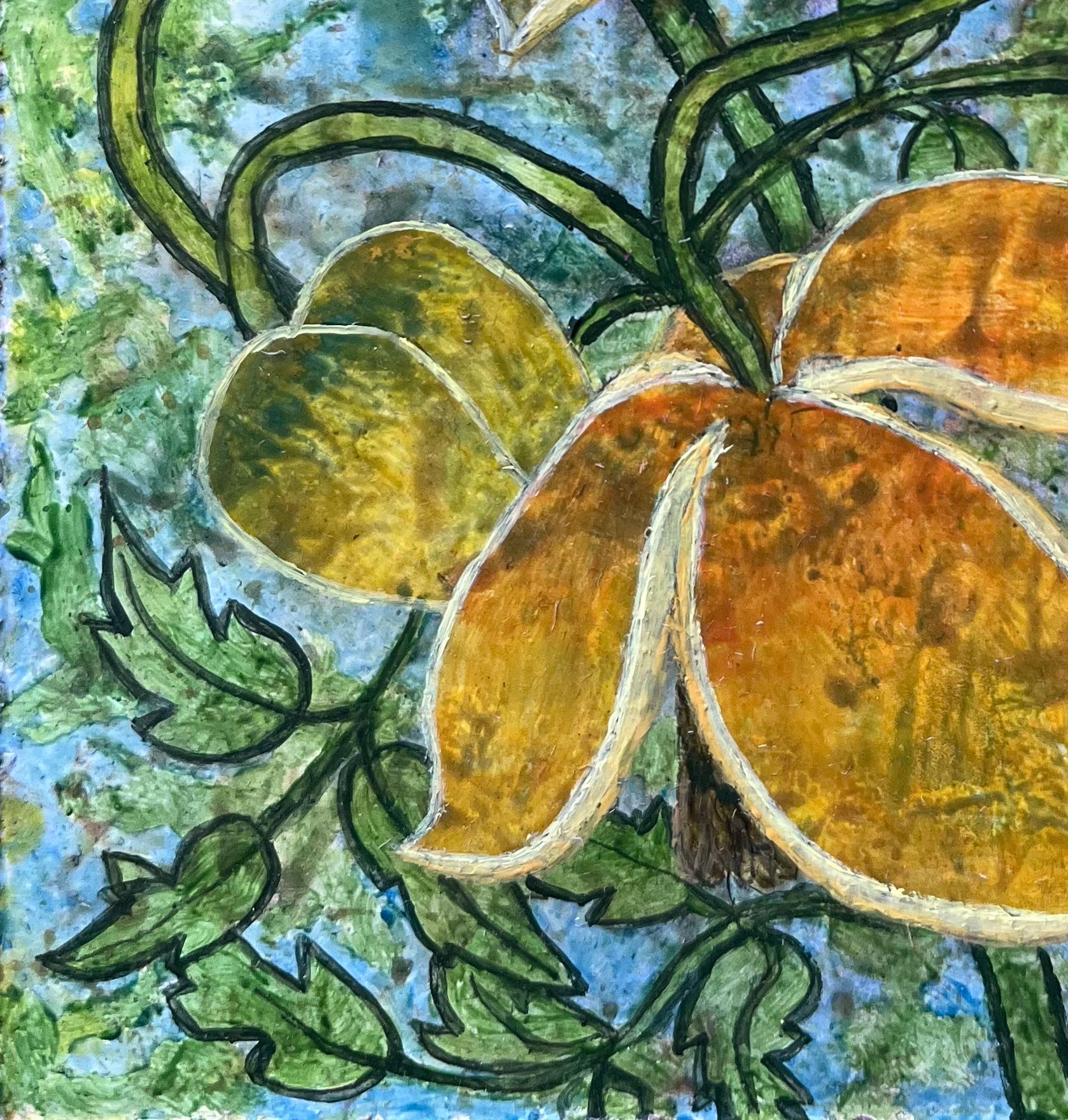 Britisches surrealistisches Ölgemälde aus den 1960er Jahren - Goldene Blüten in grünem Wachstum (Braun), Abstract Painting, von Elvic Steele