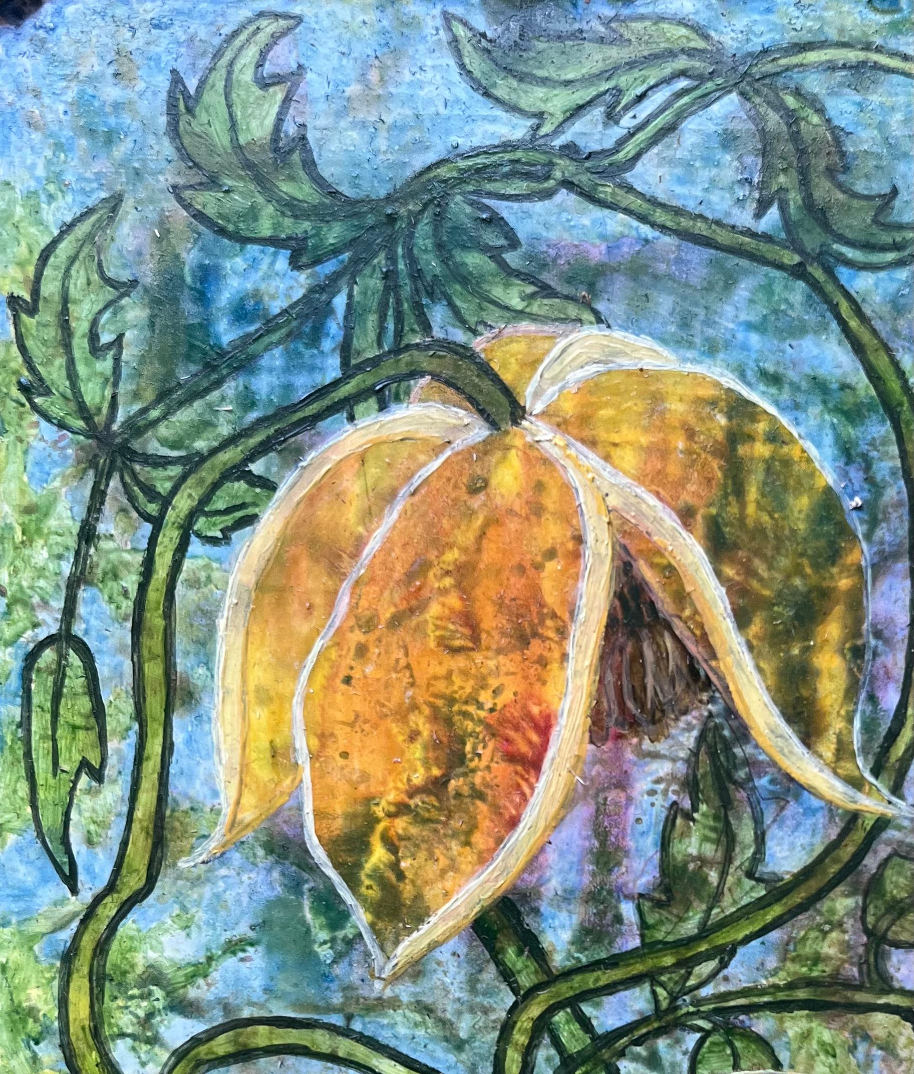 Titel: Britisches surrealistisches Ölgemälde aus den 1960er Jahren - Goldene Blüten in grünem Wachstum
Medium: Öl auf Karton, ungerahmt
Größe: 6,25 Höhe x 4,25 Breite
Zustand: Gut 
Provenienz: Alle Gemälde, die wir von diesem Künstler besitzen,