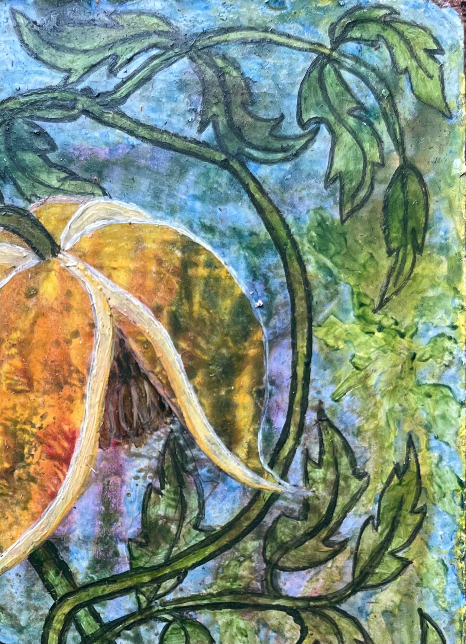 Britisches surrealistisches Ölgemälde aus den 1960er Jahren - Goldene Blüten in grünem Wachstum im Angebot 1