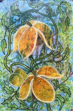 1960's British Surrealist Oil Painting - Golden Blooms in Verdant Growth