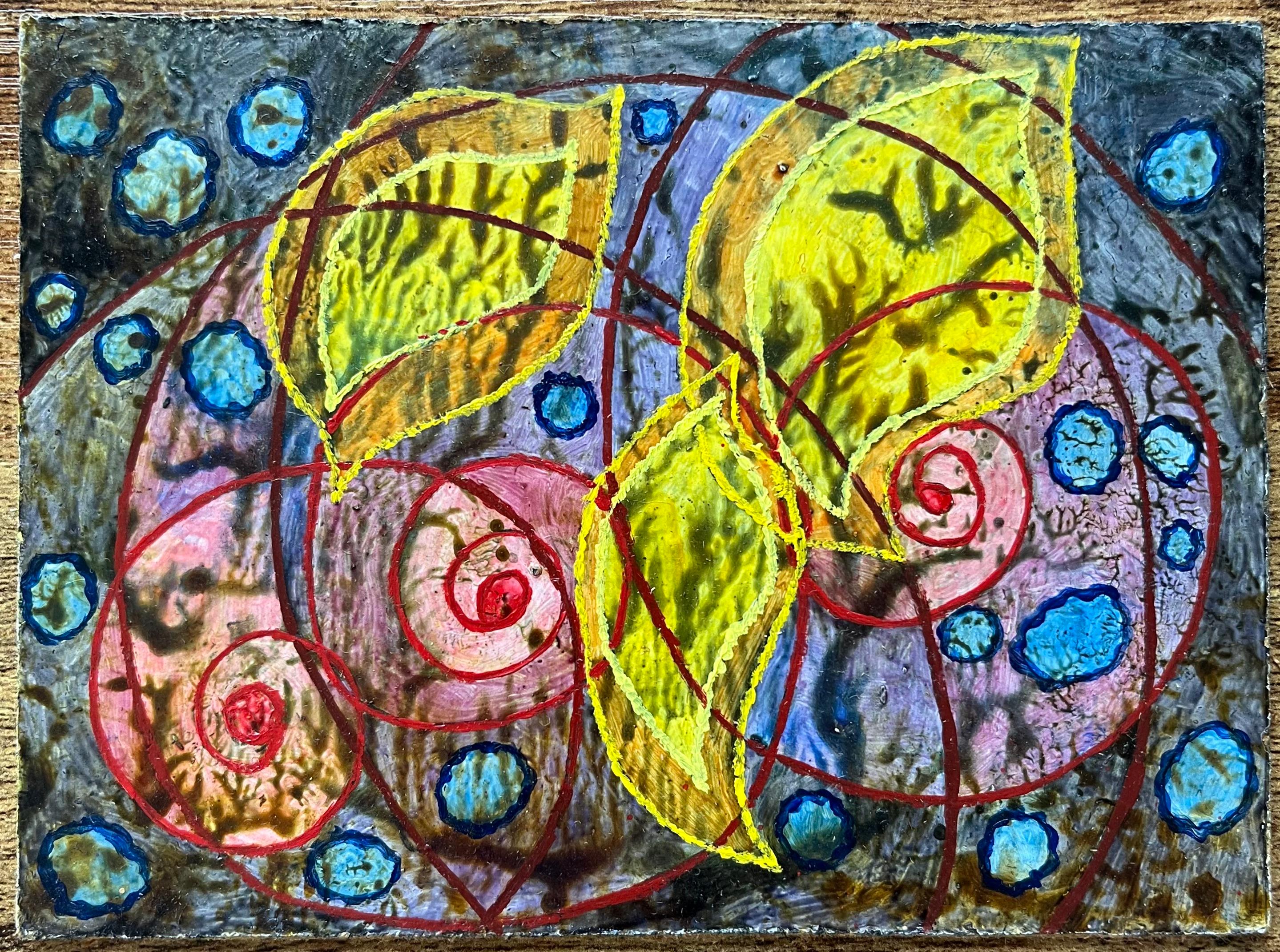 1960's British Surrealist Oil Painting - Crecimiento, Espiral, Expansión, Dispersión - Abstract Painting Gris de Elvic Steele