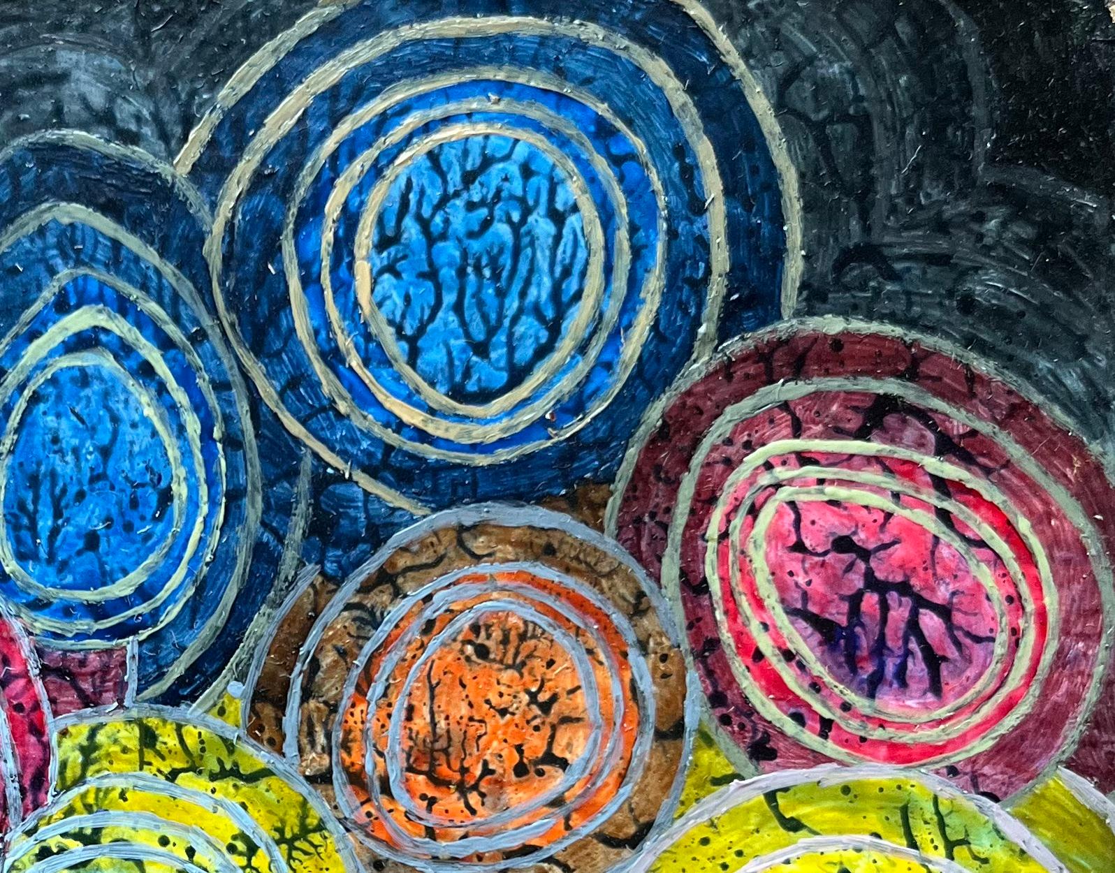Pittura ad olio surrealista britannica degli anni '60 -  Speranze fragili come uova - Abstract Painting Nero di Elvic Steele