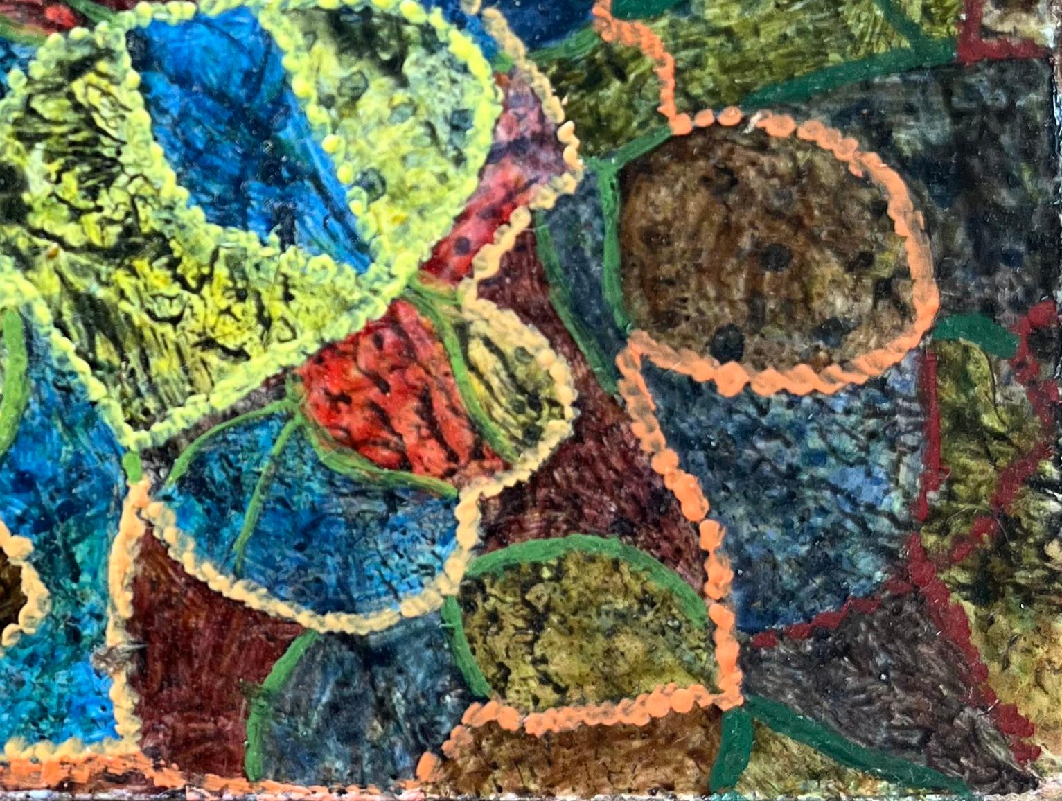 Title: 1960's British Surrealist Oil Painting - Interwoven Colorful Form Abstract Study
Medium: Oil on board, unframed
Size: 2.75 height x 4.5 width
Condition: Good 
Provenance: all the paintings we have by this artist have come from the artists