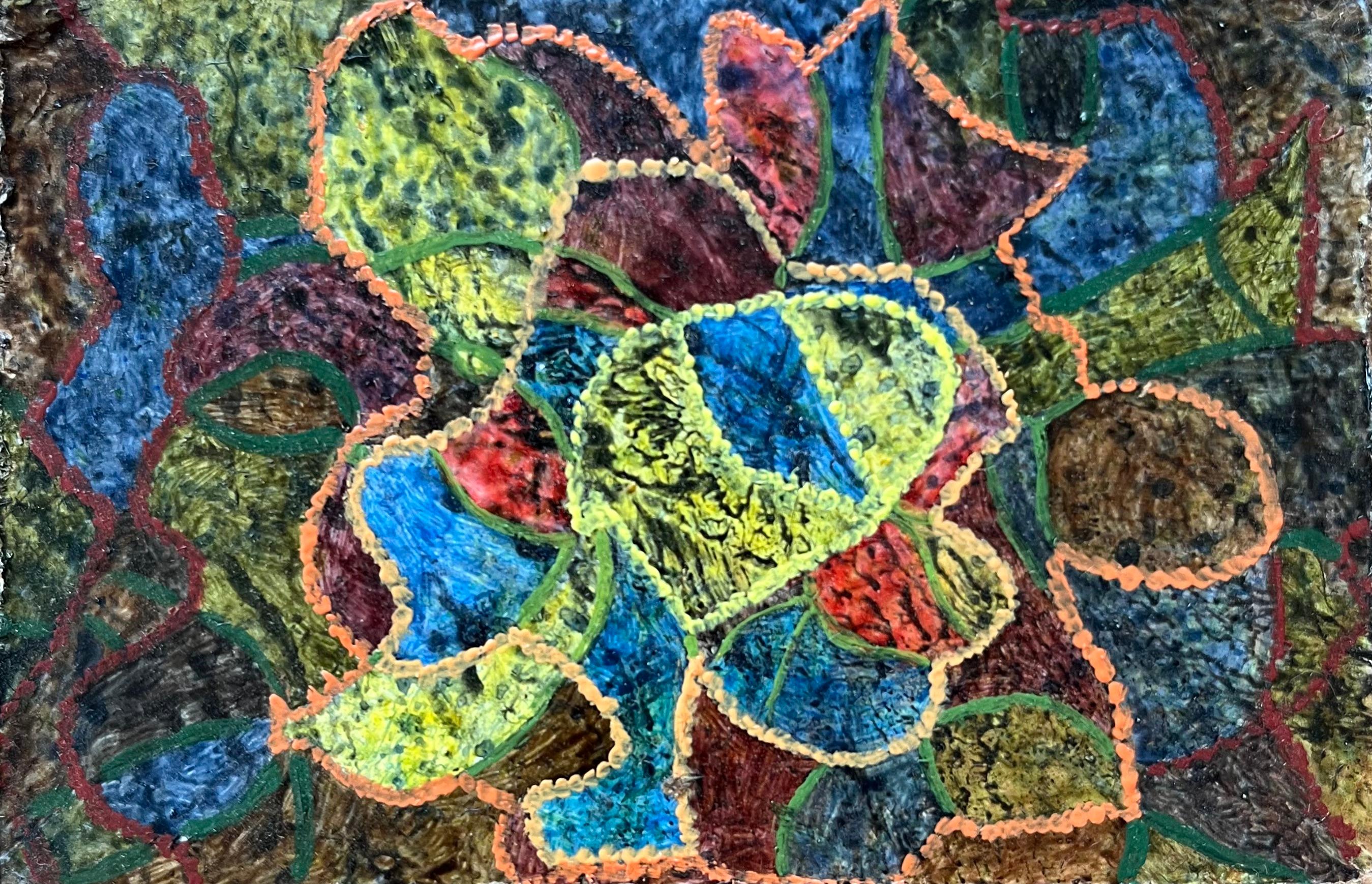 1960's British Surrealist Ölgemälde - Interwoven Colorful Form Abstrakte Studie