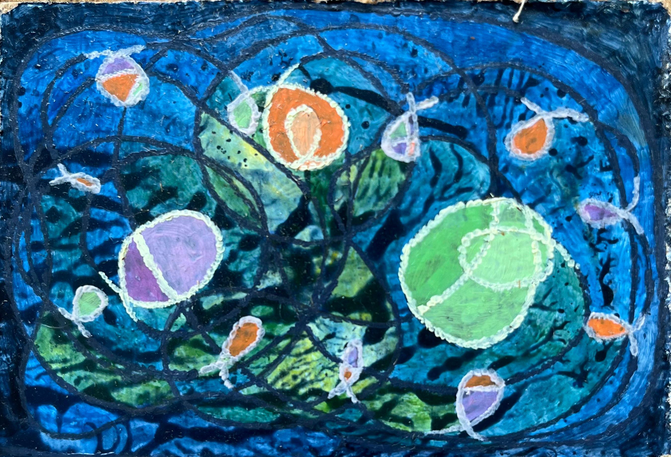 Abstract Painting de Elvic Steele - Pintura al óleo surrealista británica de los años 60 - "Luces líderes"
