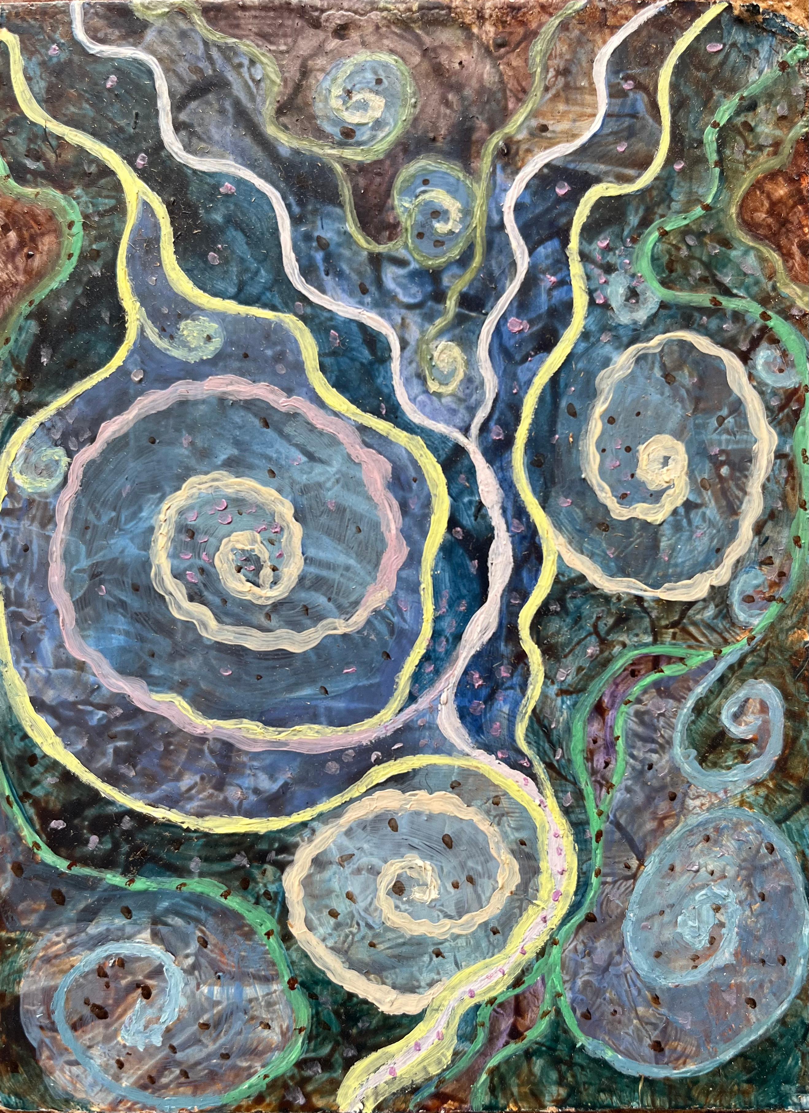 Abstract Painting di Elvic Steele - Pittura ad olio surrealista britannica degli anni '60 - Studio astratto "Meeting