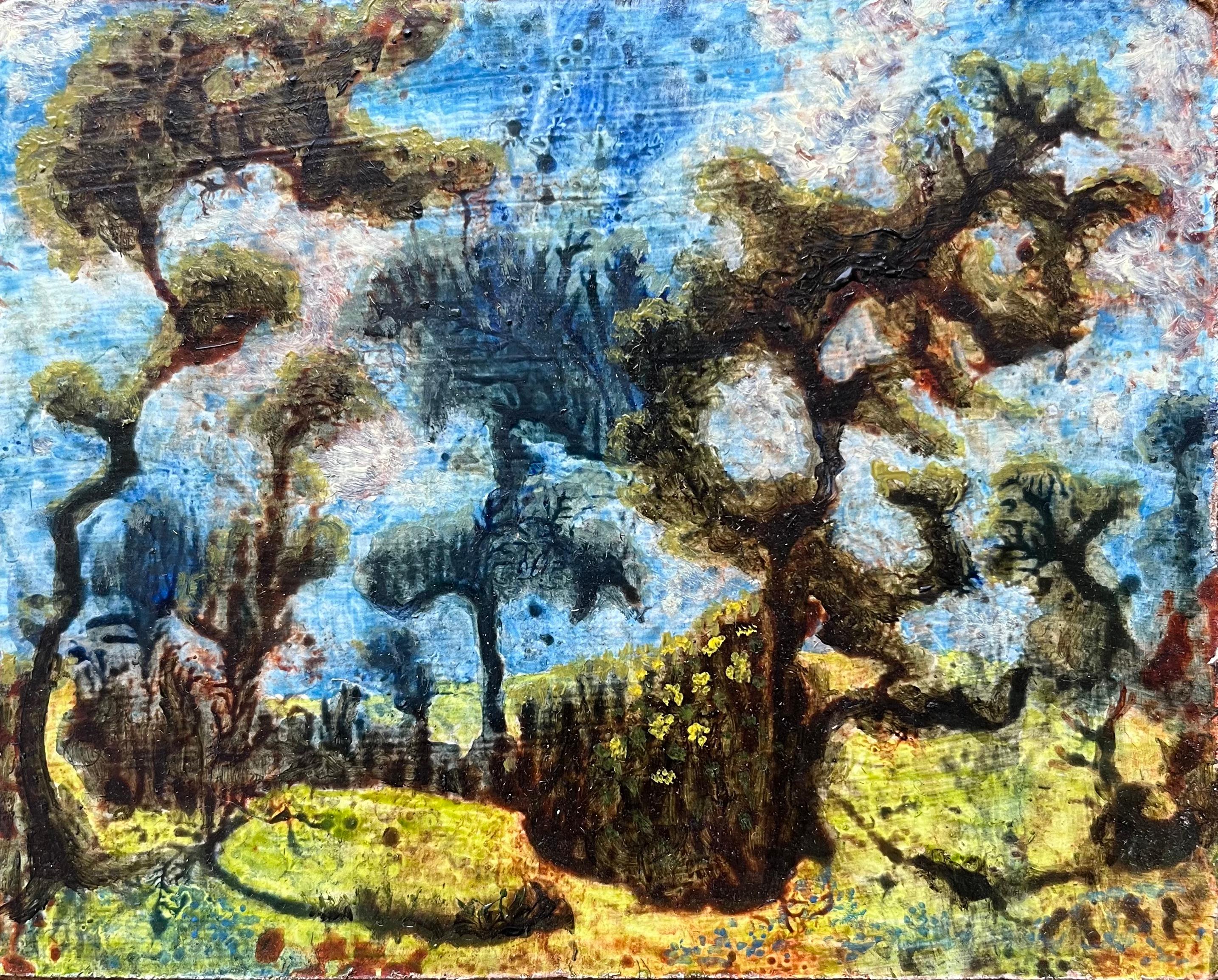 Abstract Painting di Elvic Steele - Pittura ad olio surrealista britannica degli anni '60 - "Gli alberi vecchi amano il bel tempo