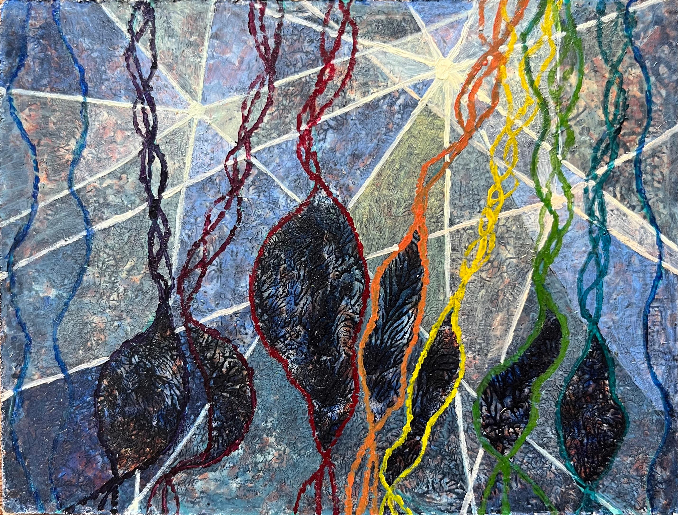 Abstract Painting di Elvic Steele - Pittura ad olio surrealista britannica degli anni '60 - "Aperture nella trama del tempo