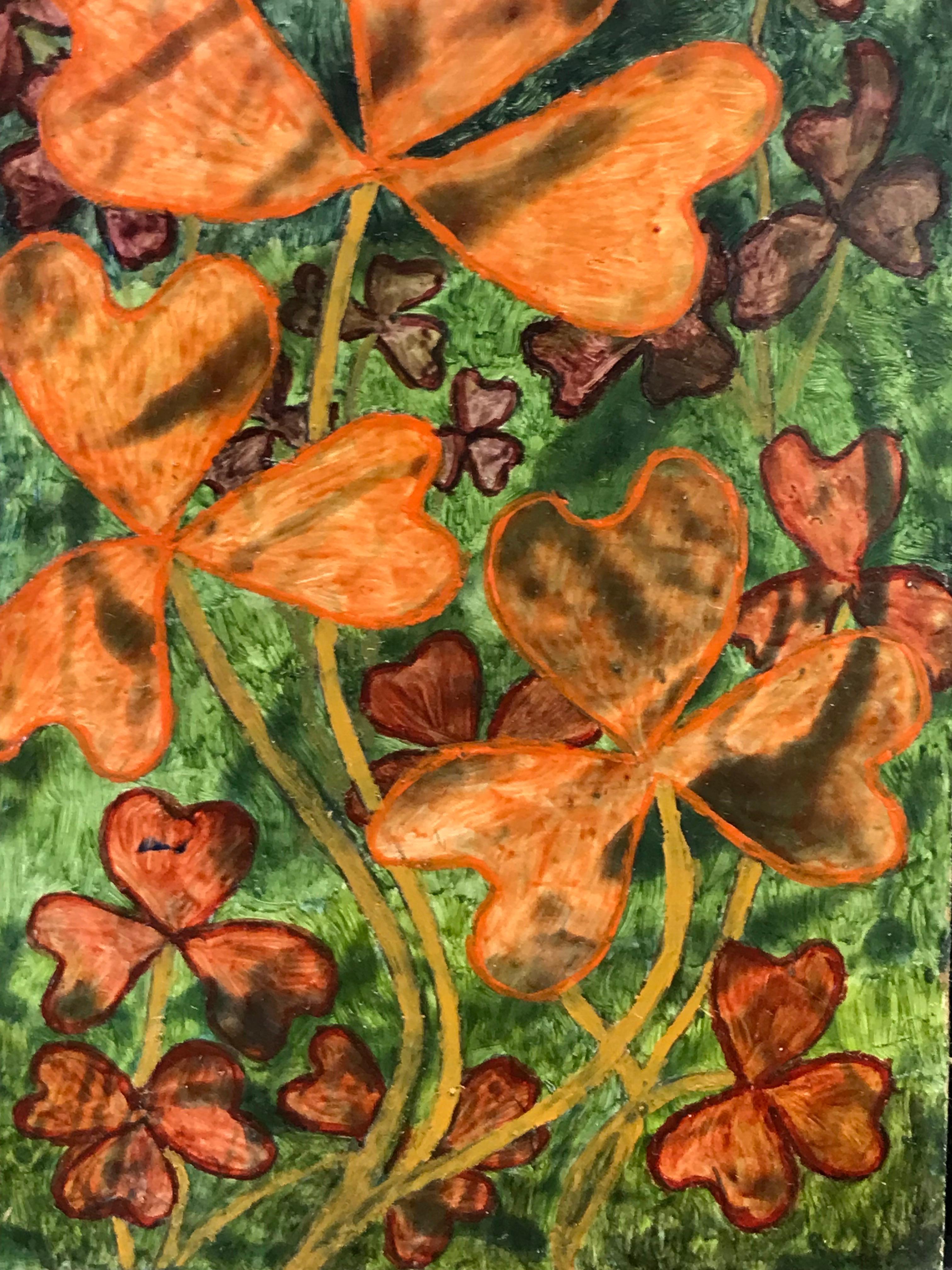 Peinture à l'huile surréaliste britannique des années 1960 - trèfle à 3 feuilles orange abstrait - Surréalisme Painting par Elvic Steele