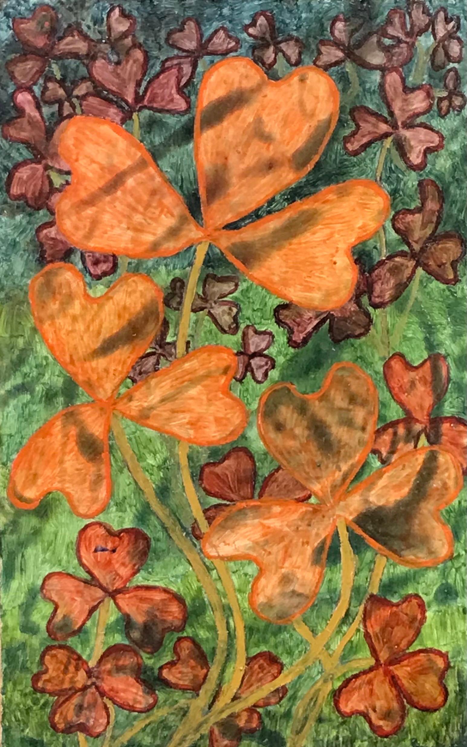 Peinture à l'huile surréaliste britannique des années 1960 - trèfle à 3 feuilles orange abstrait